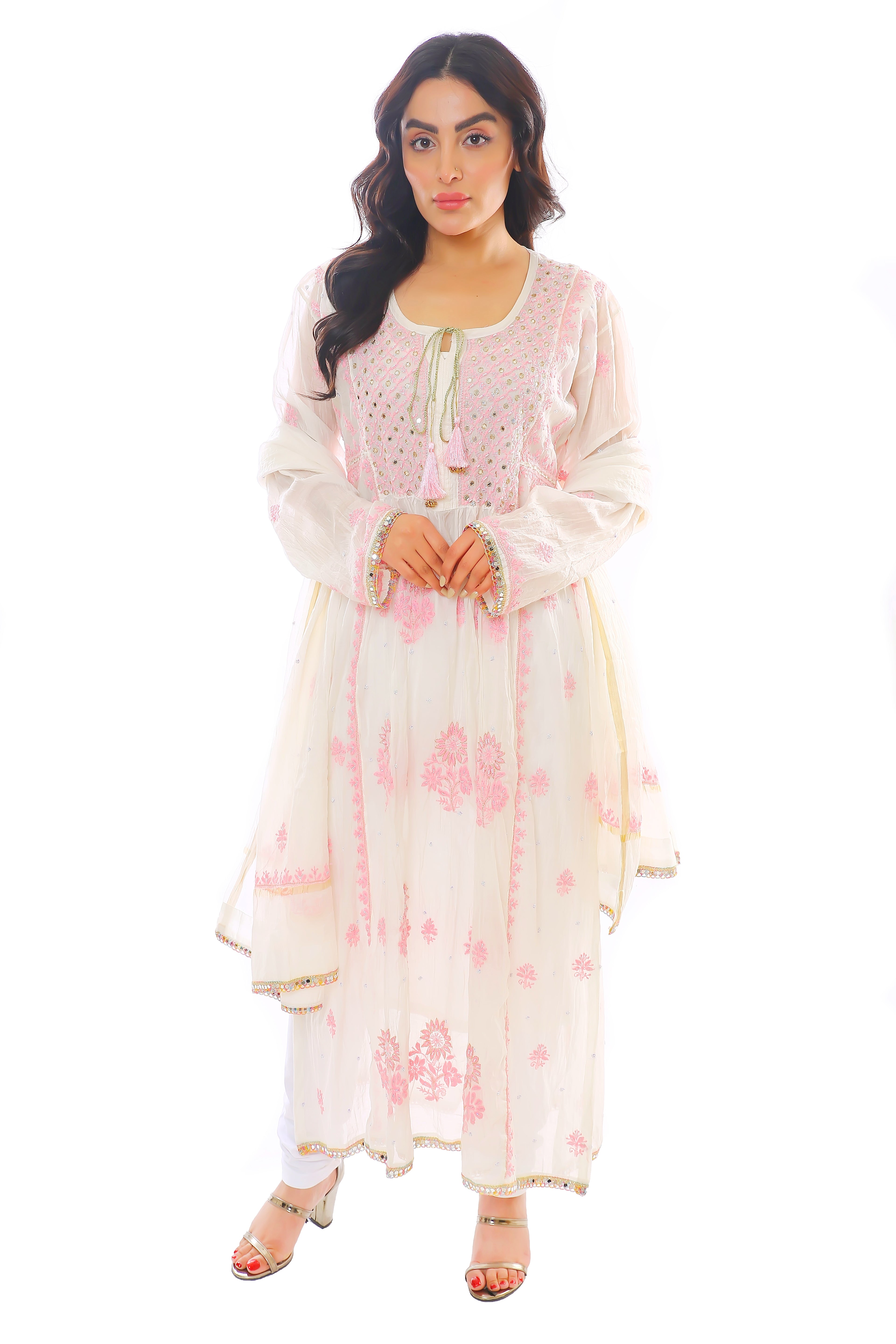Ivory/Pink Mul Chanderi Kurta Pant Dupatta with Moti Cutdana Mirror