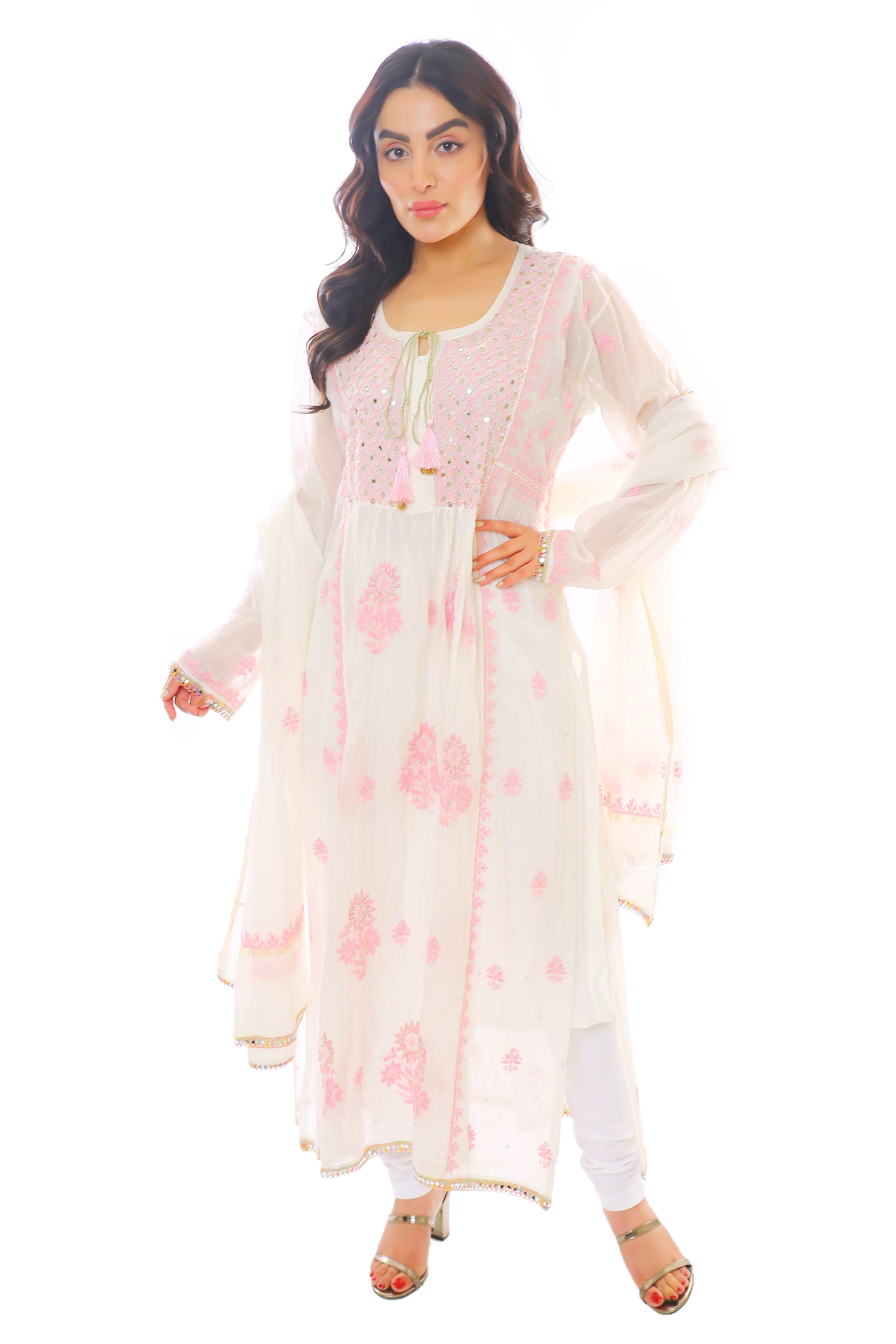 Ivory/Pink Mul Chanderi Kurta Pant Dupatta with Moti Cutdana Mirror