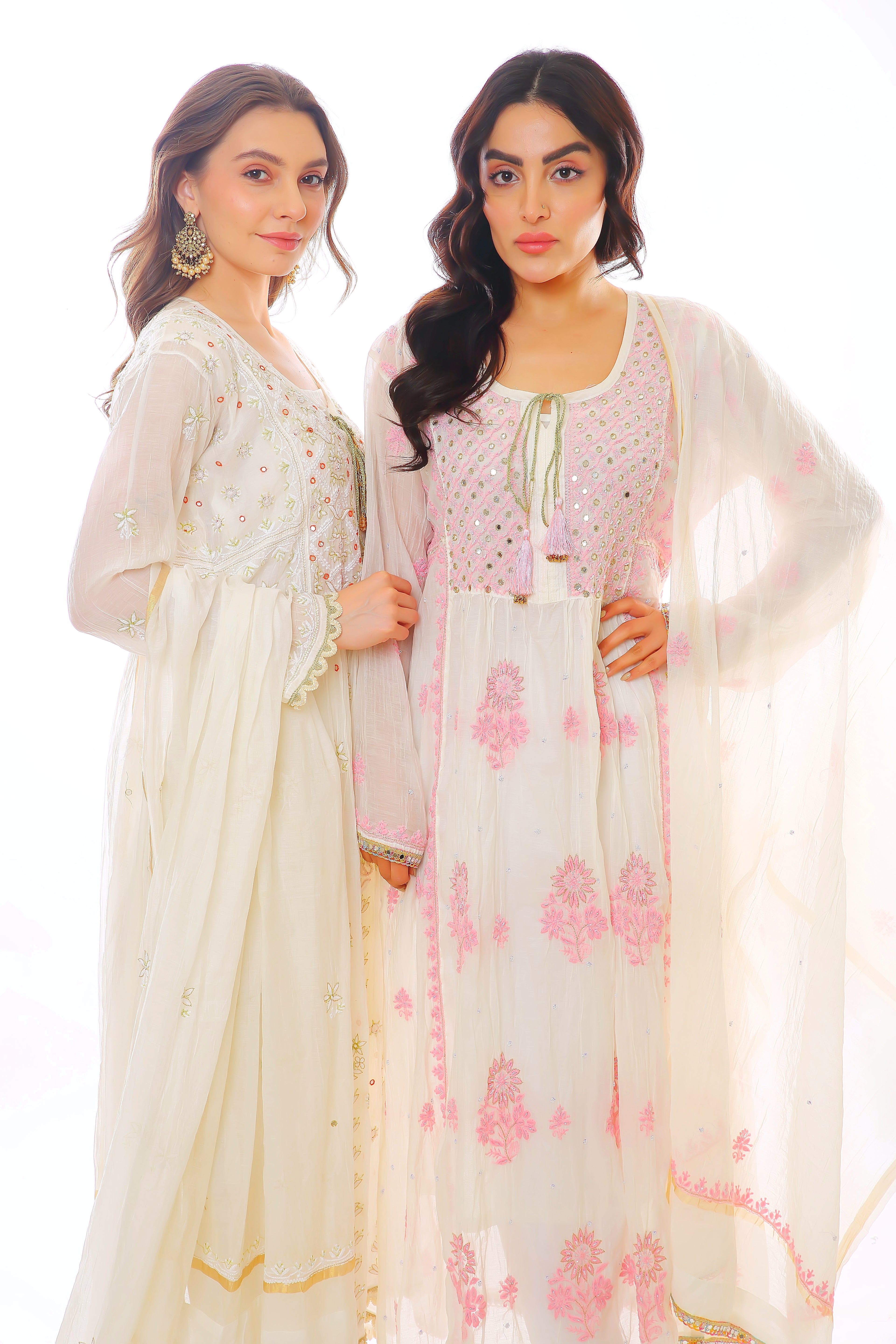 Ivory/Pink Mul Chanderi Kurta Pant Dupatta with Moti Cutdana Mirror