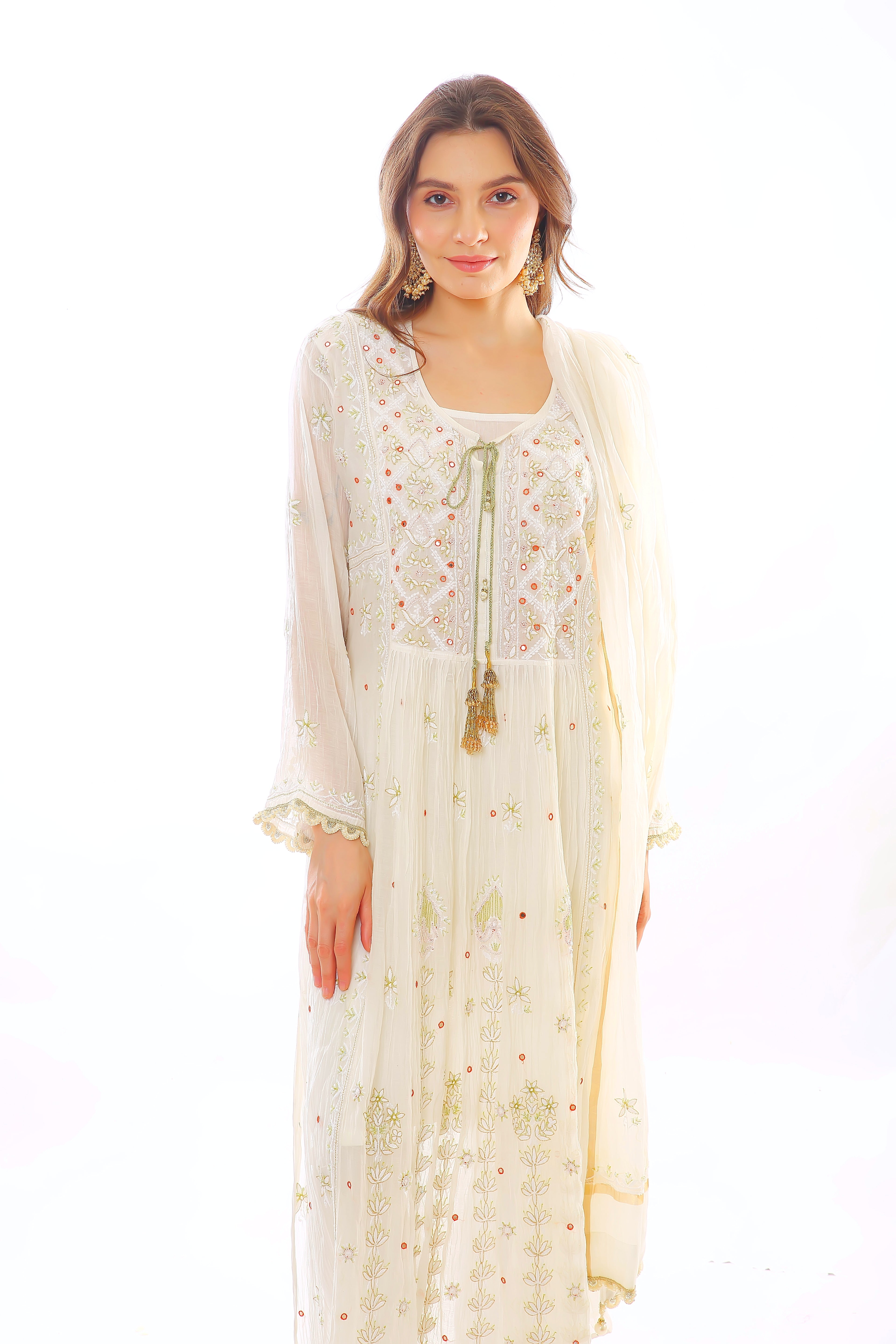Ivory / Red & Green Mul Chanderi Kurta Pant Dupatta Set with Moti Cutdana