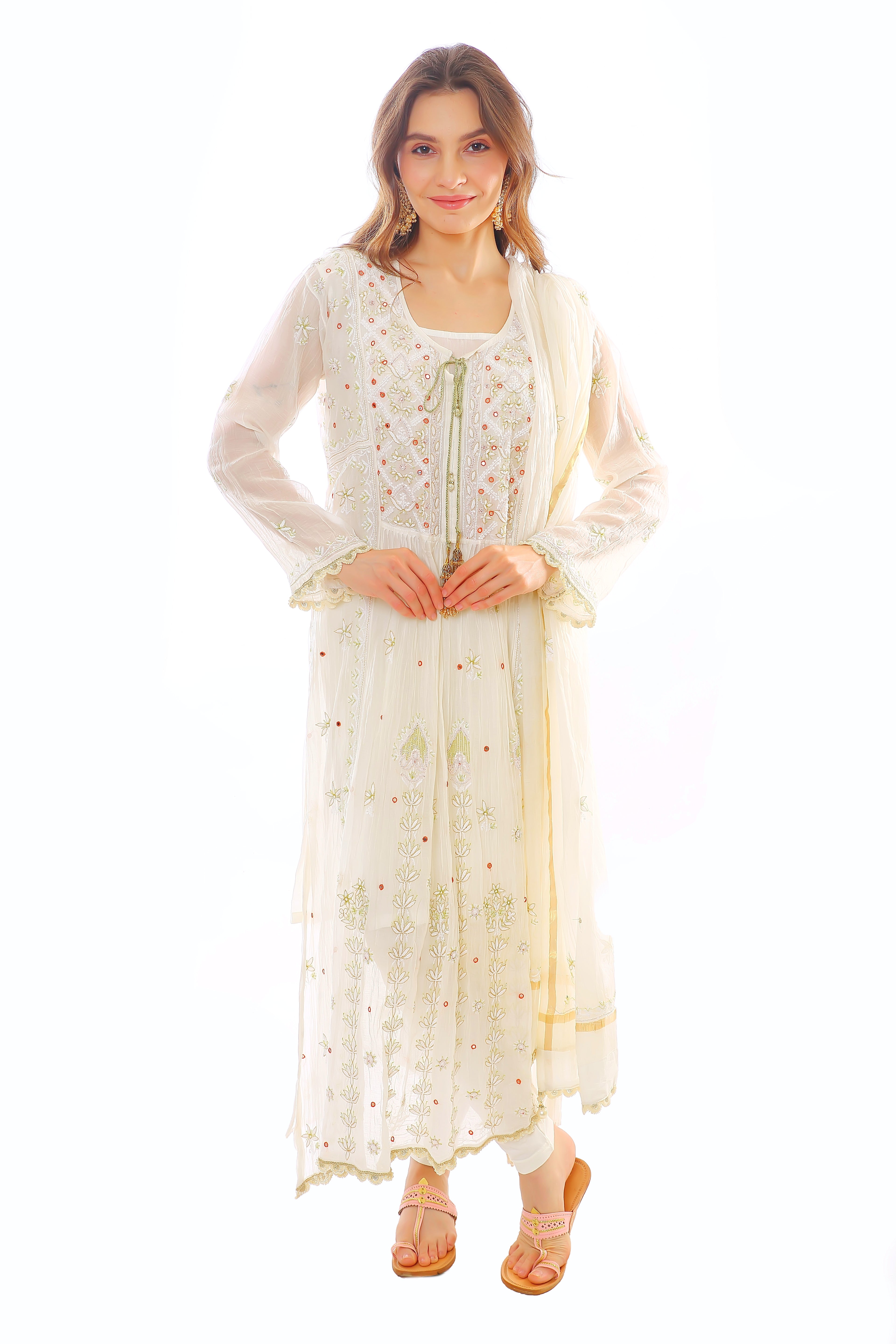Ivory / Red & Green Mul Chanderi Kurta Pant Dupatta Set with Moti Cutdana
