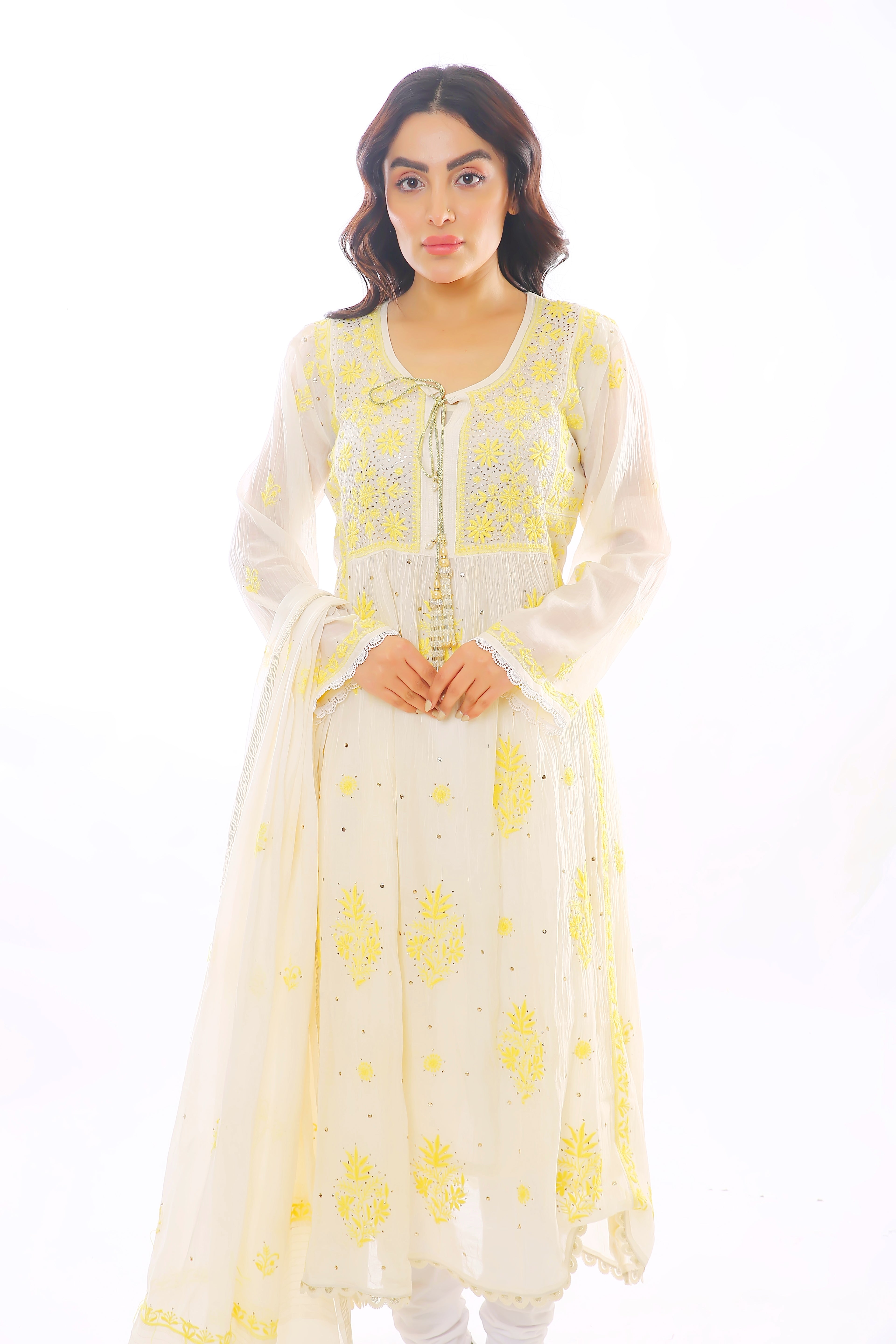 Ivory/ Yellow Mul Chanderi Amaltas Kurta Pant Dupatta Set with Mukaish