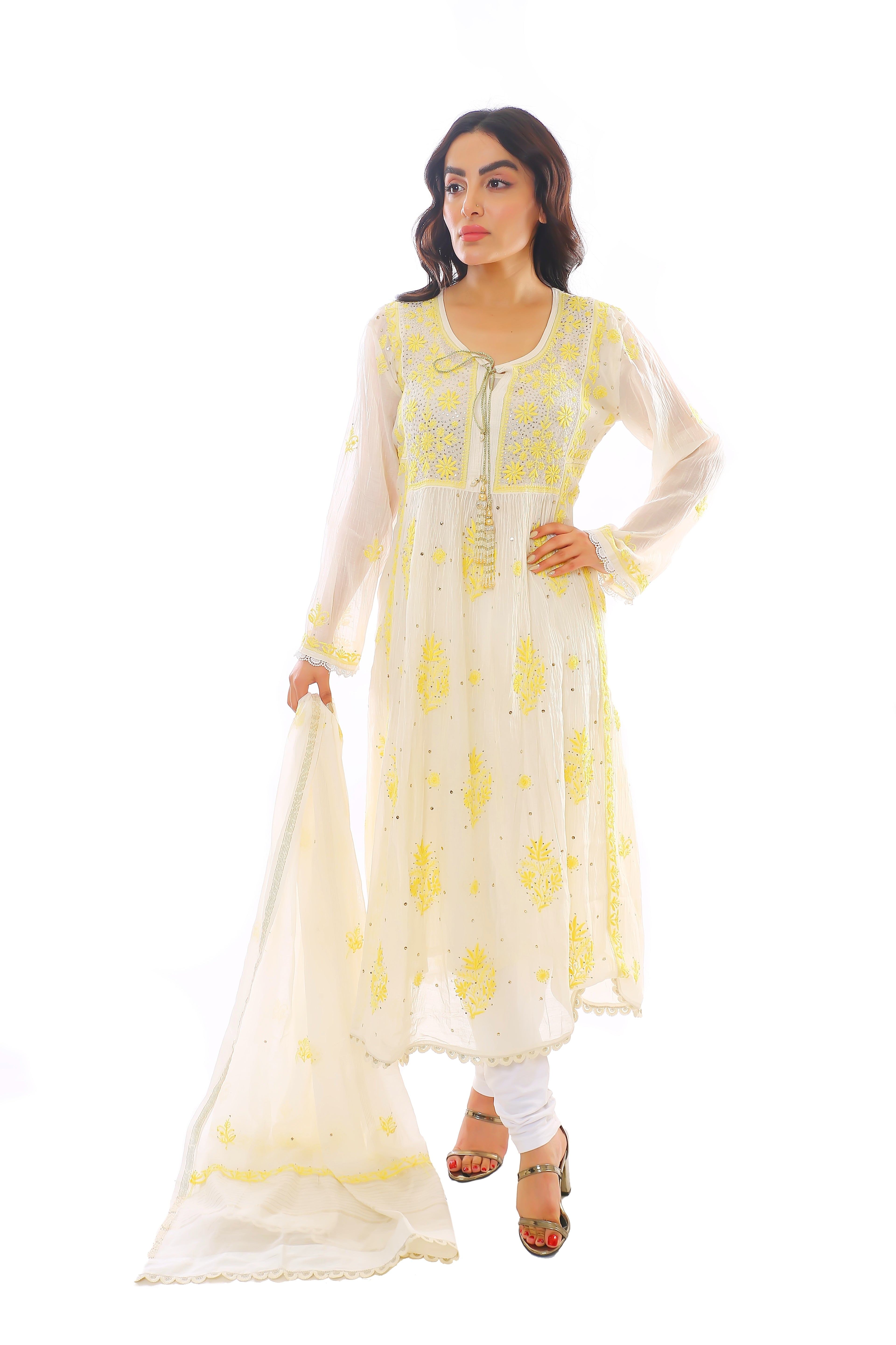 Ivory/ Yellow Mul Chanderi Amaltas Kurta Pant Dupatta Set with Mukaish