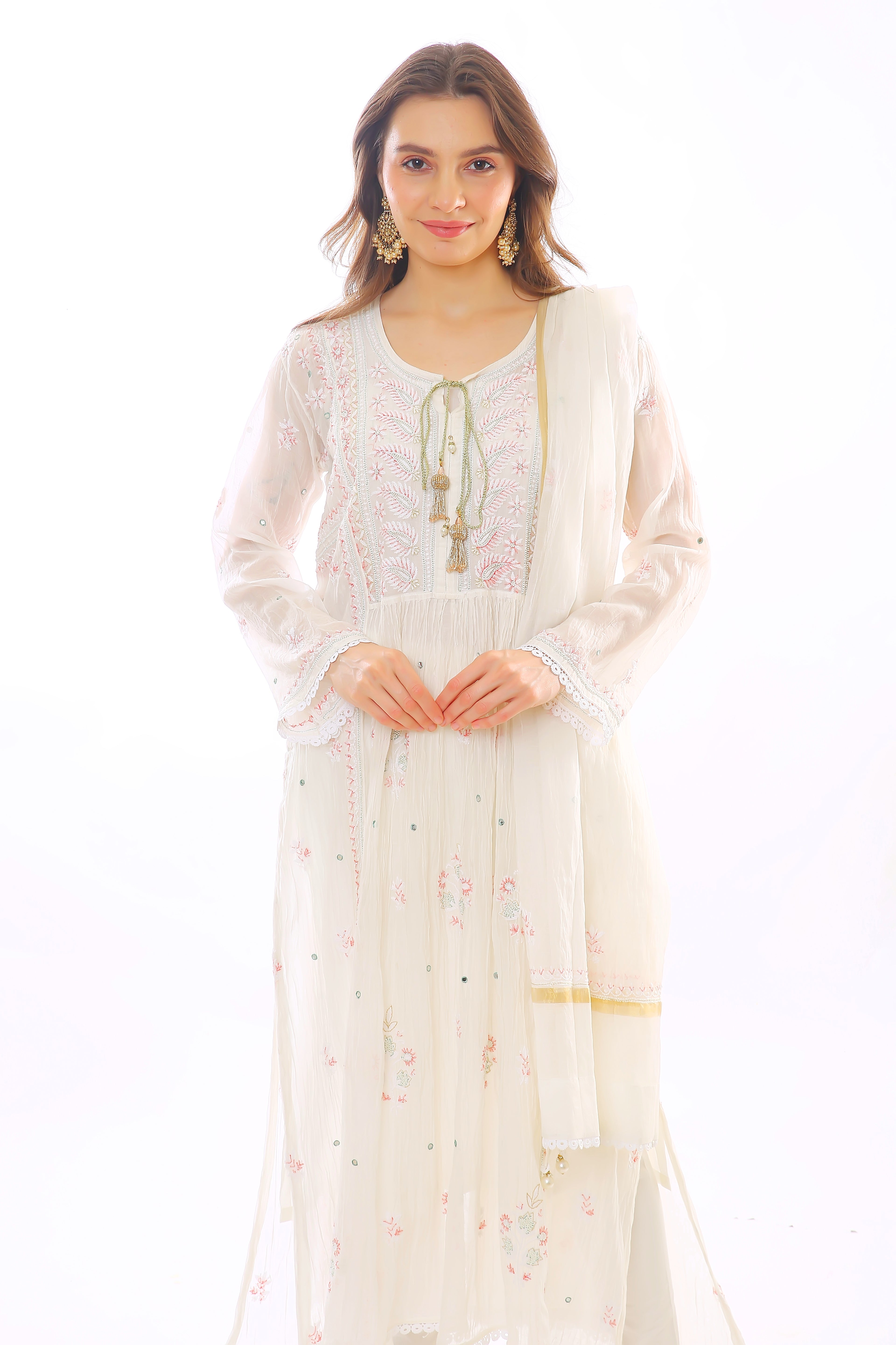 Ivory / Multi Mul Chanderi Kurta Pant Dupatta Set with Moti Cutdana