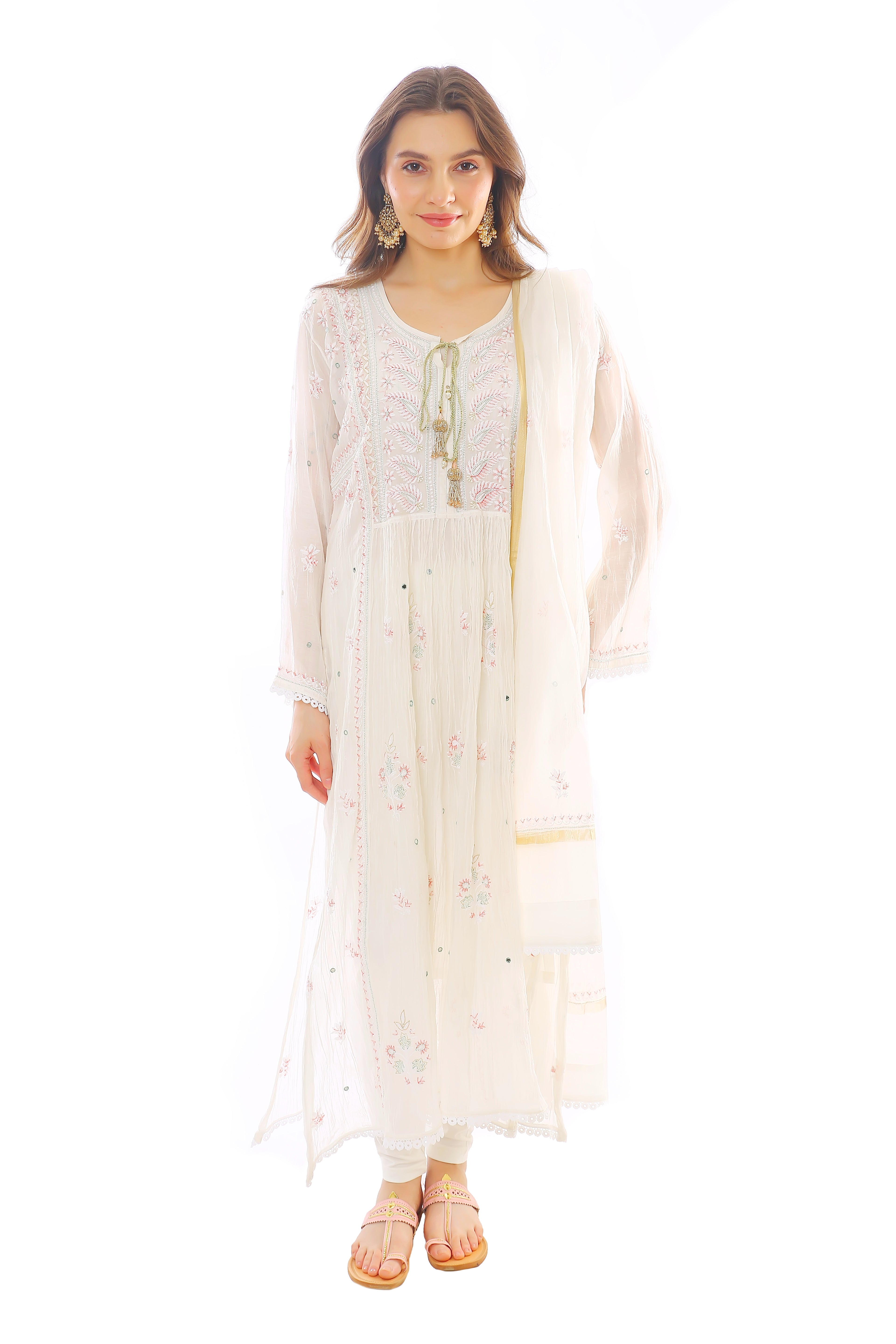 Ivory / Multi Mul Chanderi Kurta Pant Dupatta Set with Moti Cutdana