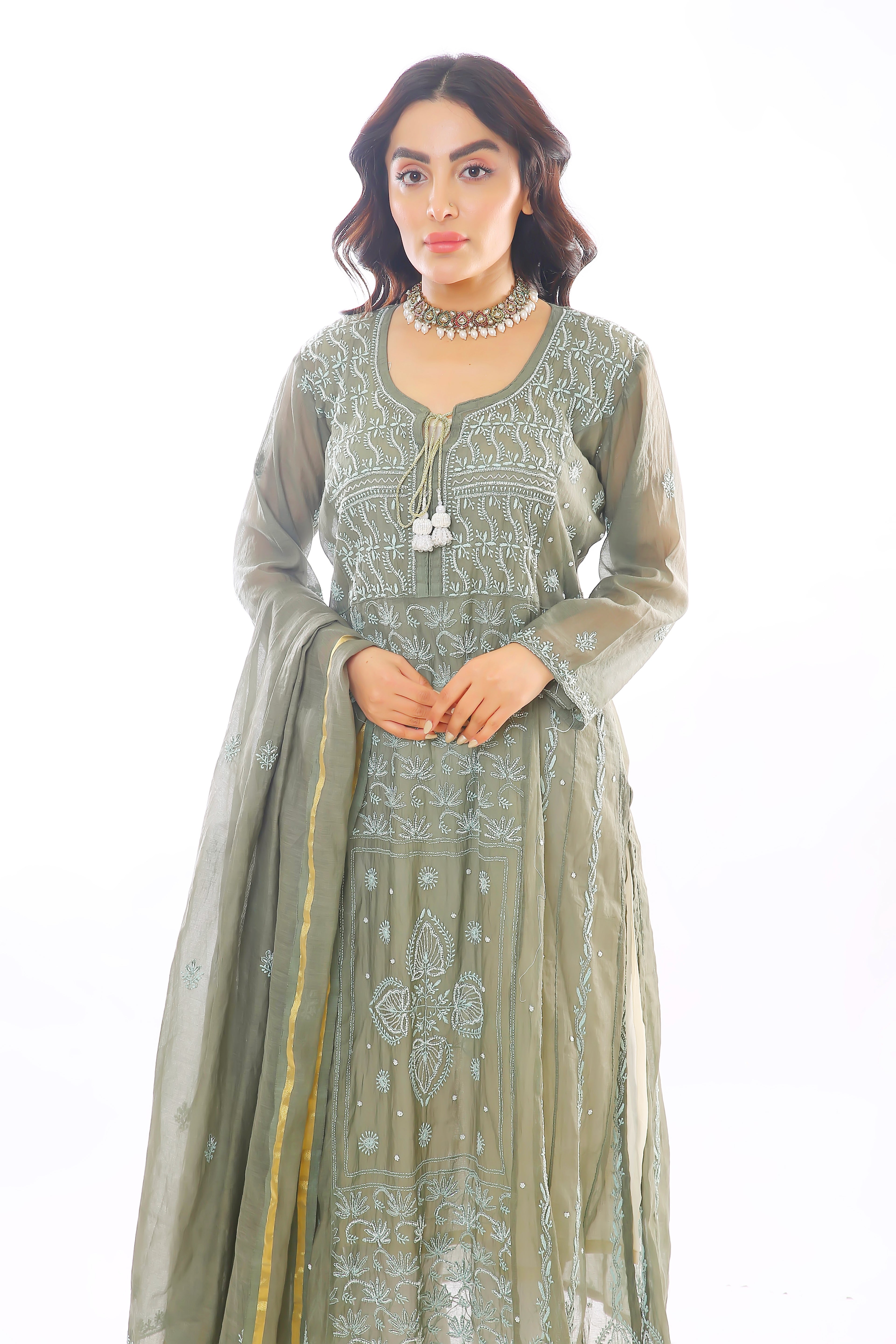 Olive Mul Chanderi Sahira Kurta Pant Dupatta with Moti Cutdana