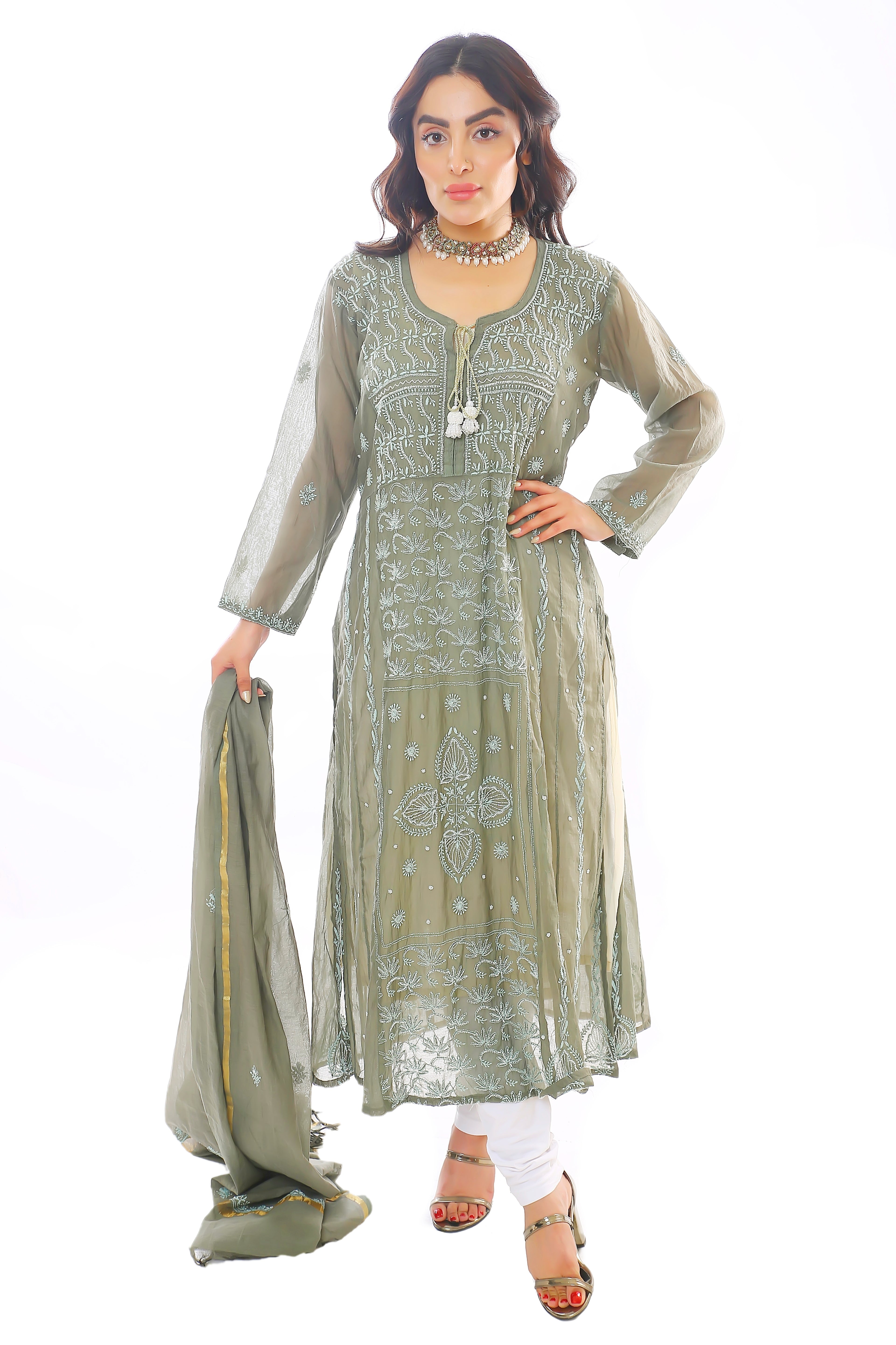 Olive Mul Chanderi Sahira Kurta Pant Dupatta with Moti Cutdana