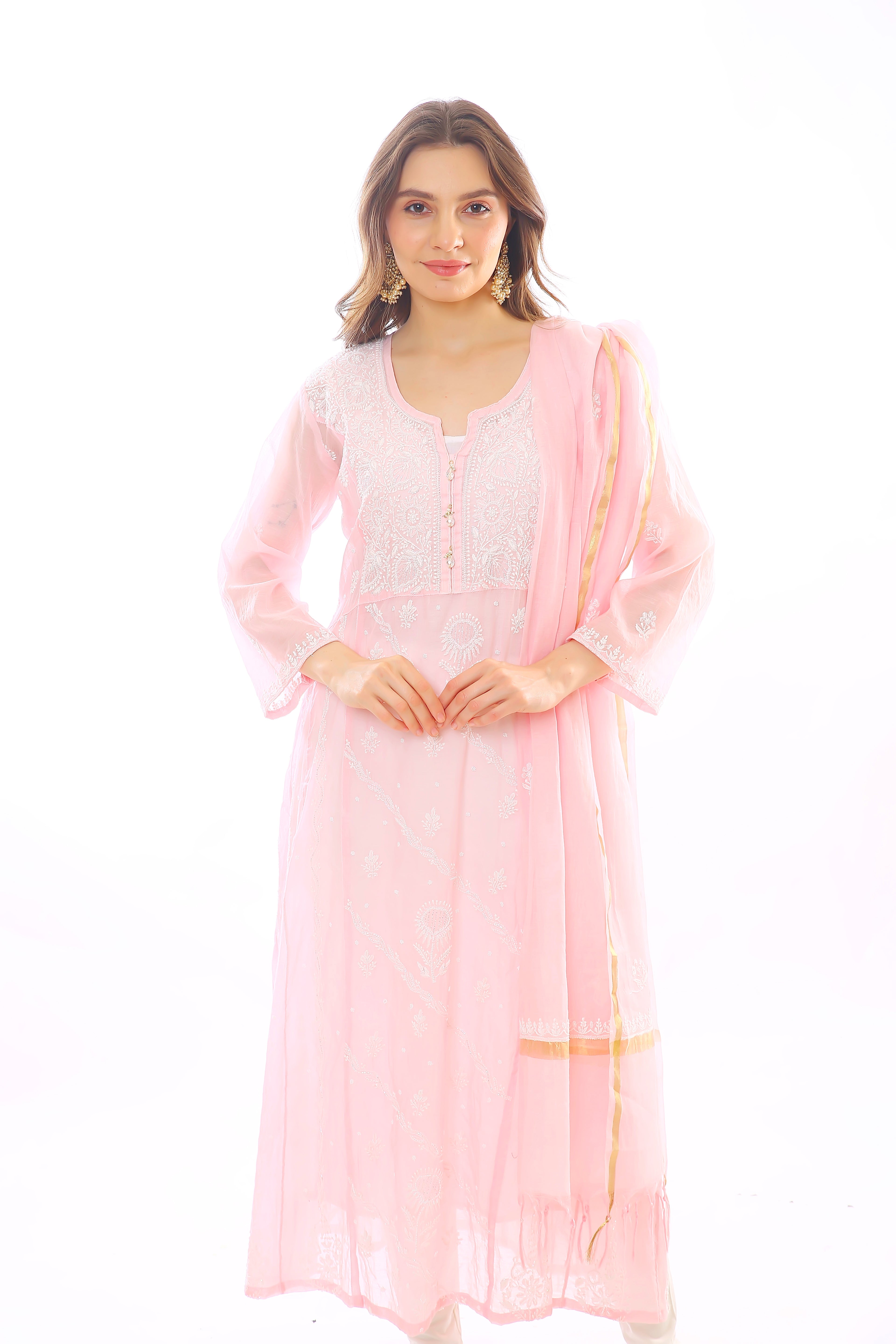 Blush Pink Mul Chanderi Gulaabo Kurta Pant Dupatta Set with Moti Cutdana
