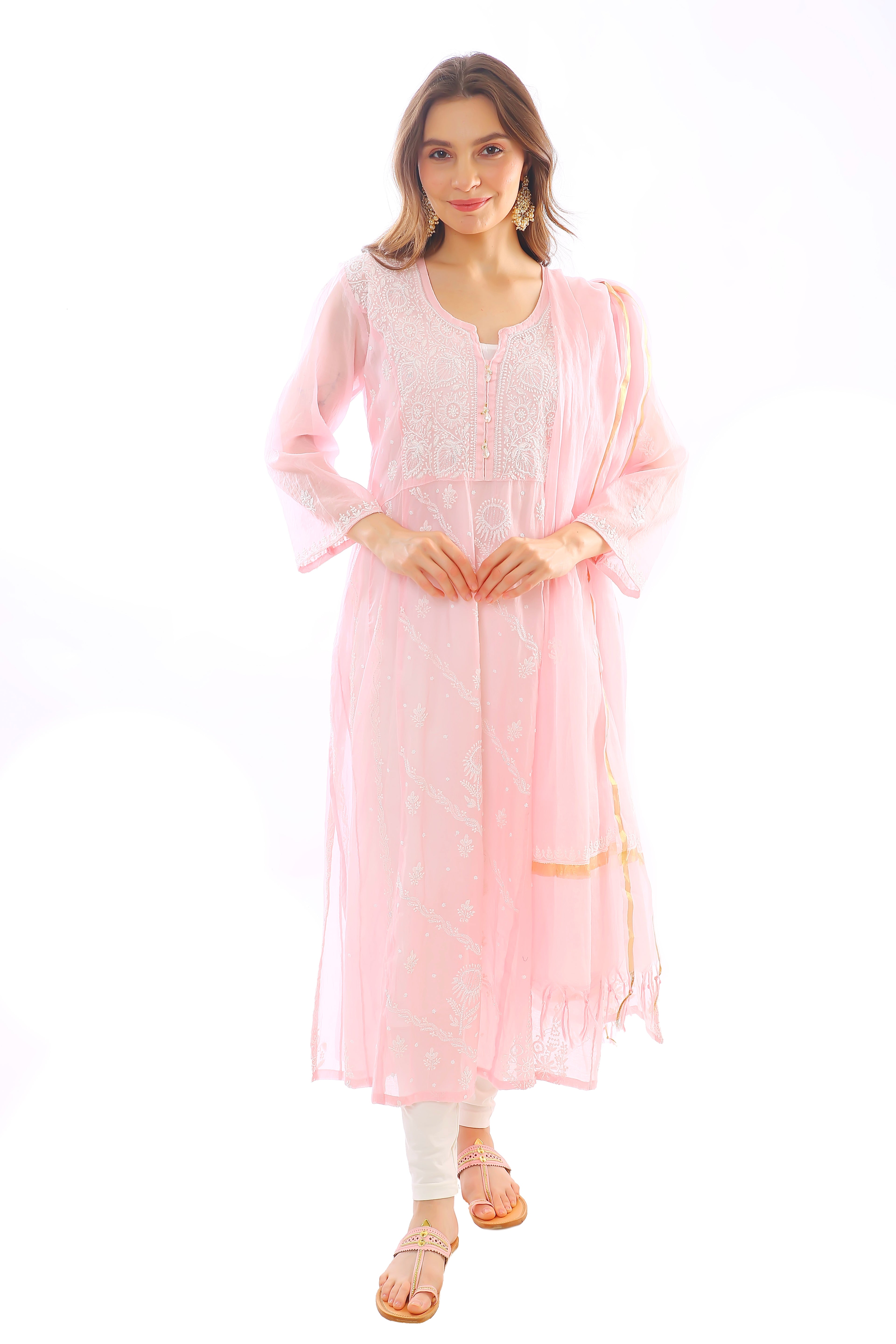 Blush Pink Mul Chanderi Gulaabo Kurta Pant Dupatta Set with Moti Cutdana