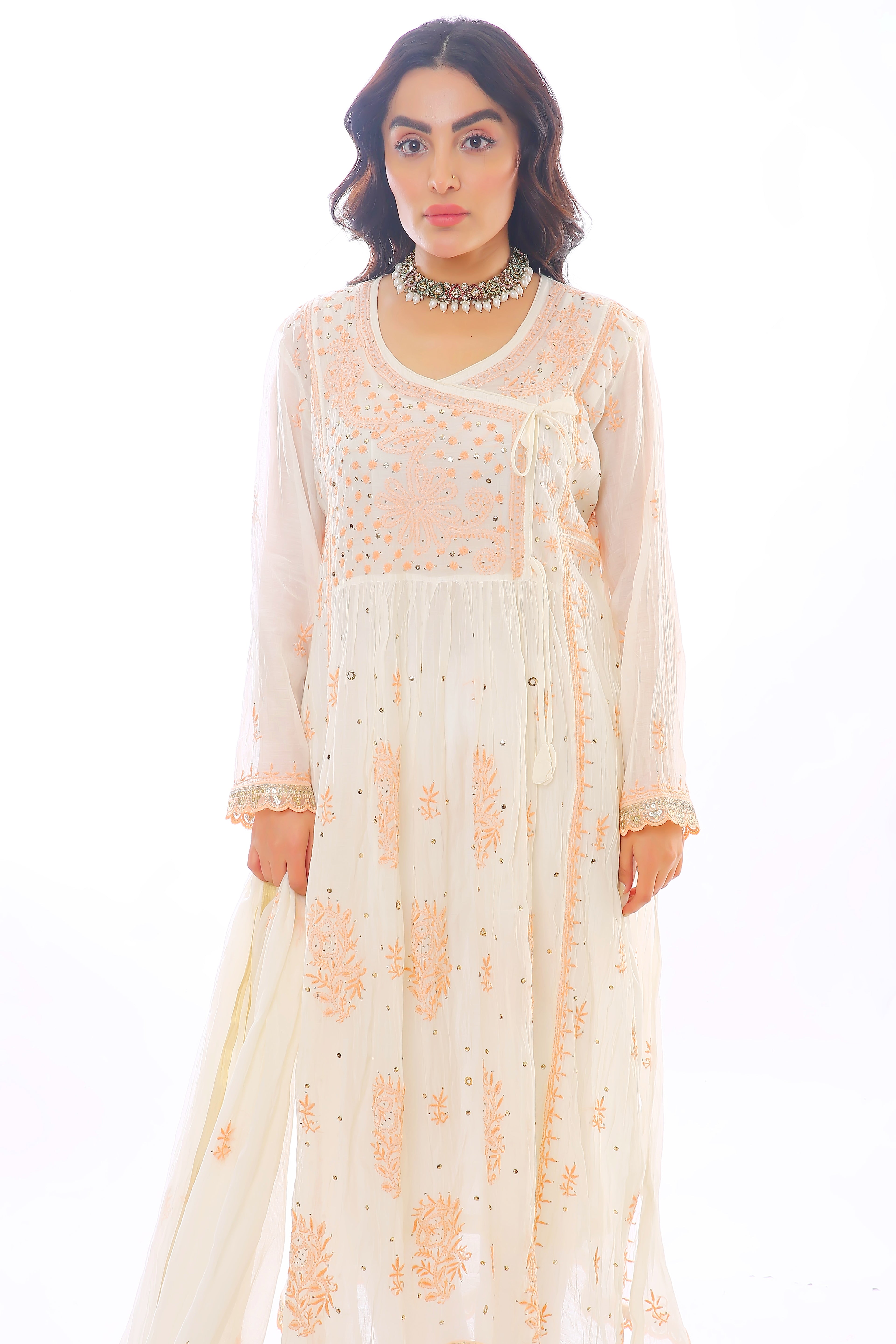 Peach Mul Chanderi Ziyah Angrakha Set with Mukaish