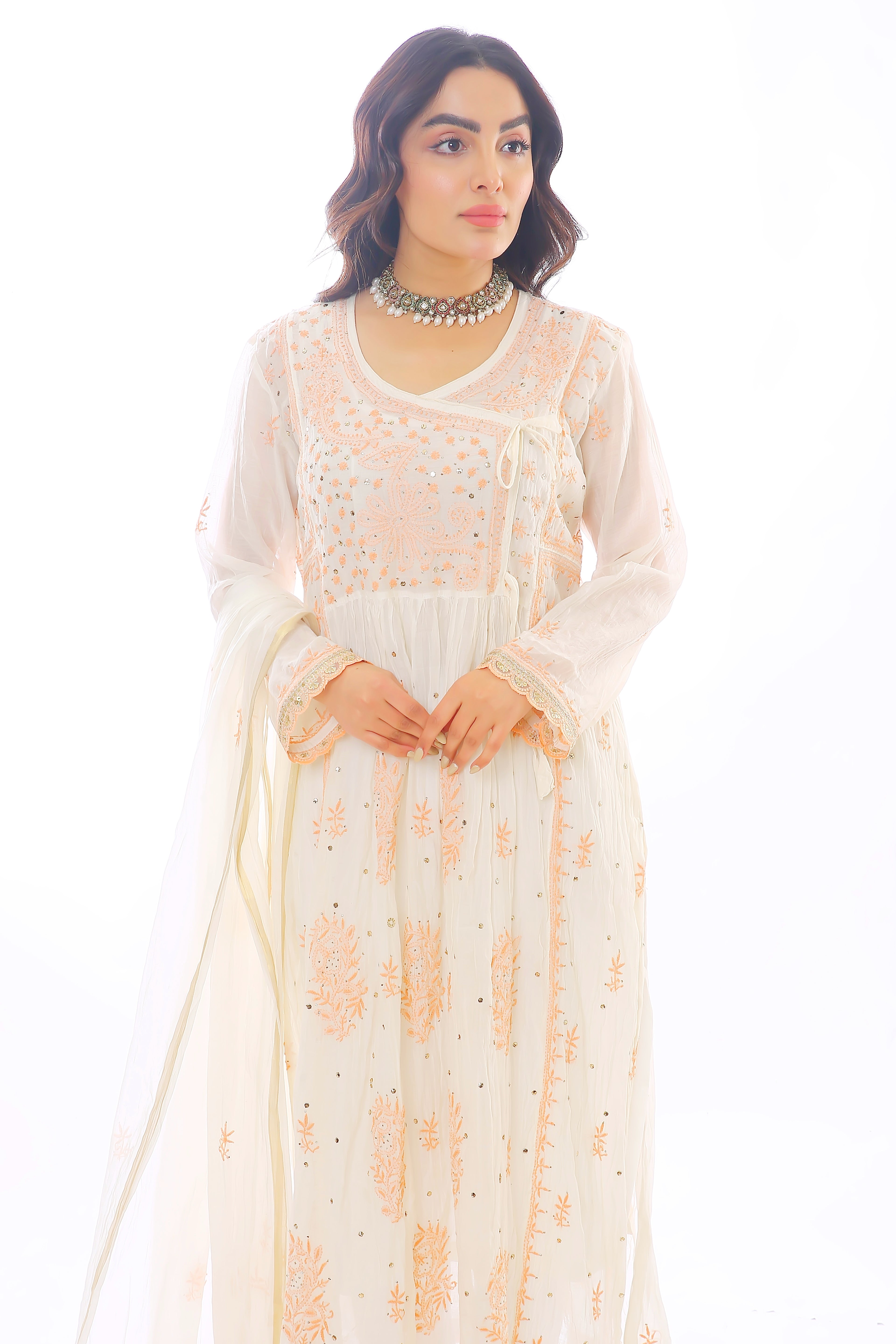 Peach Mul Chanderi Ziyah Angrakha Set with Mukaish