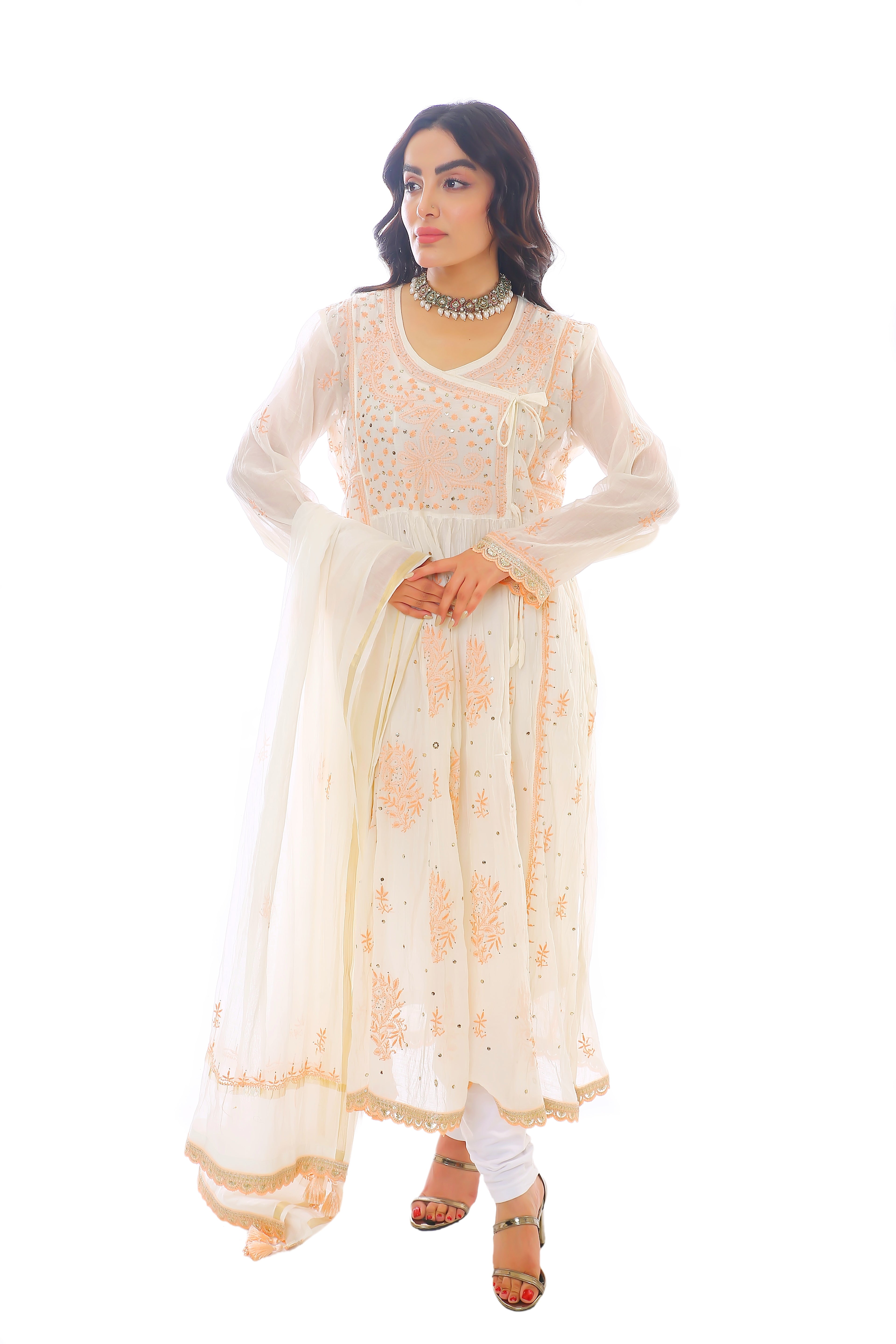 Peach Mul Chanderi Ziyah Angrakha Set with Mukaish