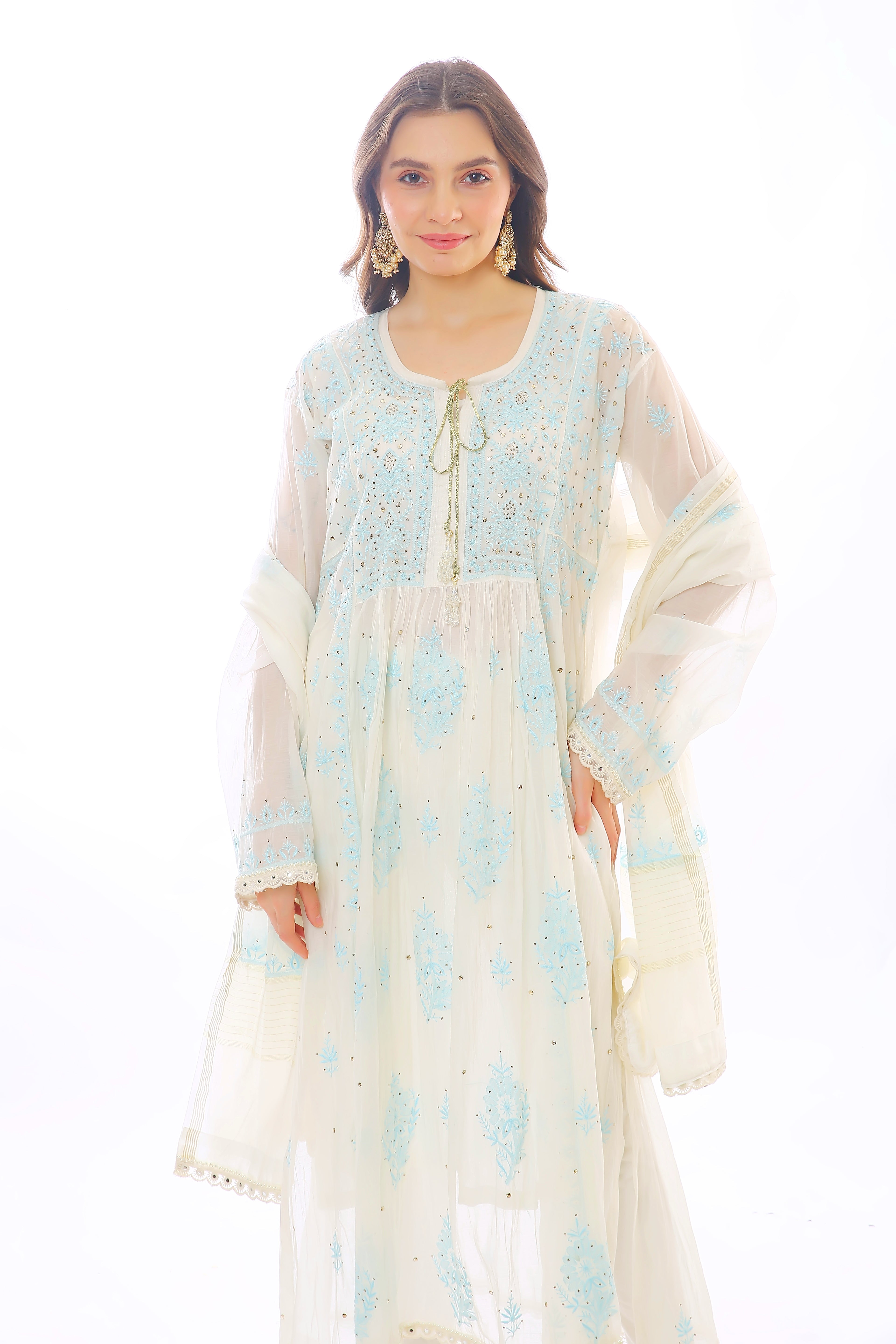Ivory/Blue Mul Chanderi Ruksar Kurta Pant Dupatta with Mukaish