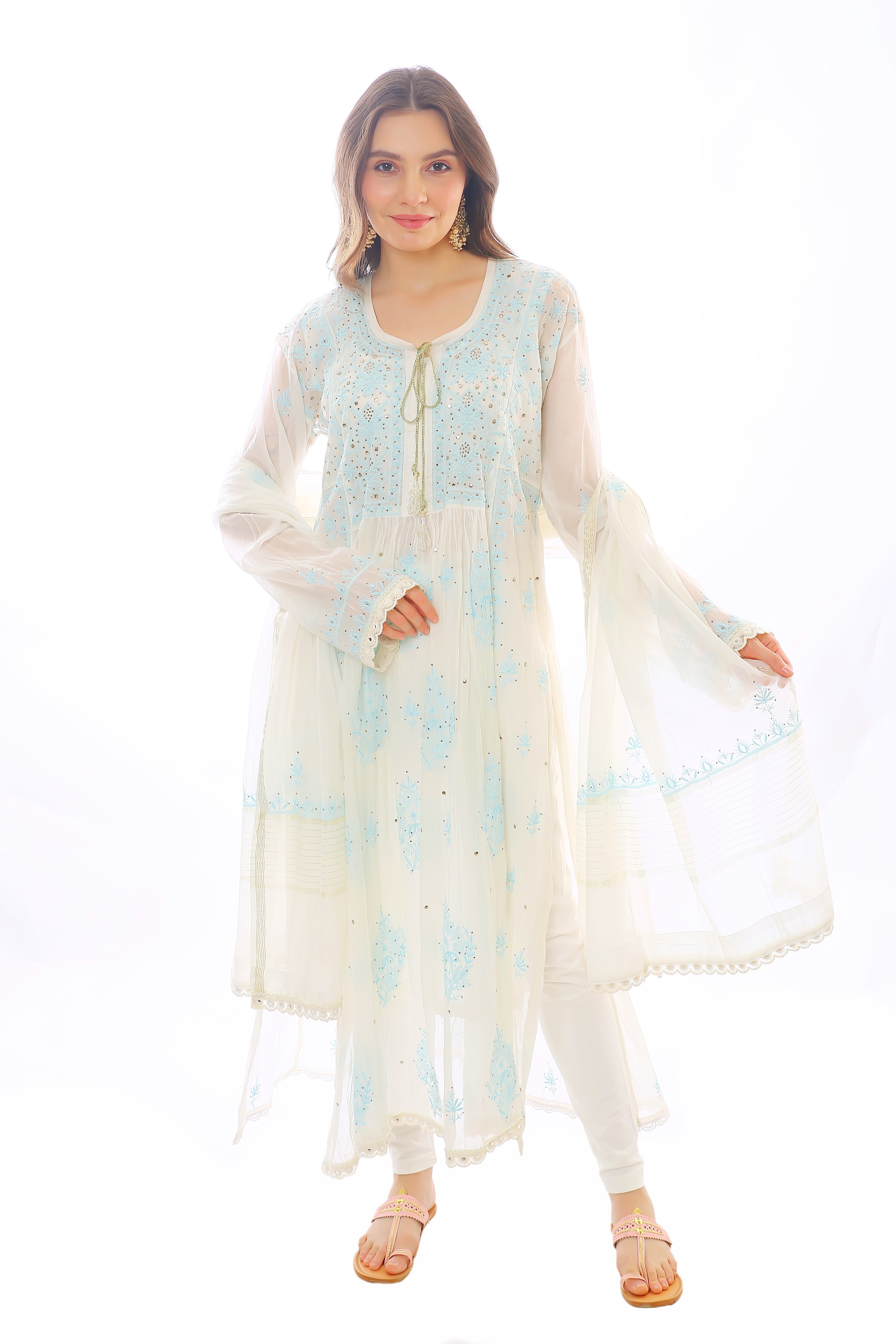 Ivory/Blue Mul Chanderi Ruksar Kurta Pant Dupatta with Mukaish