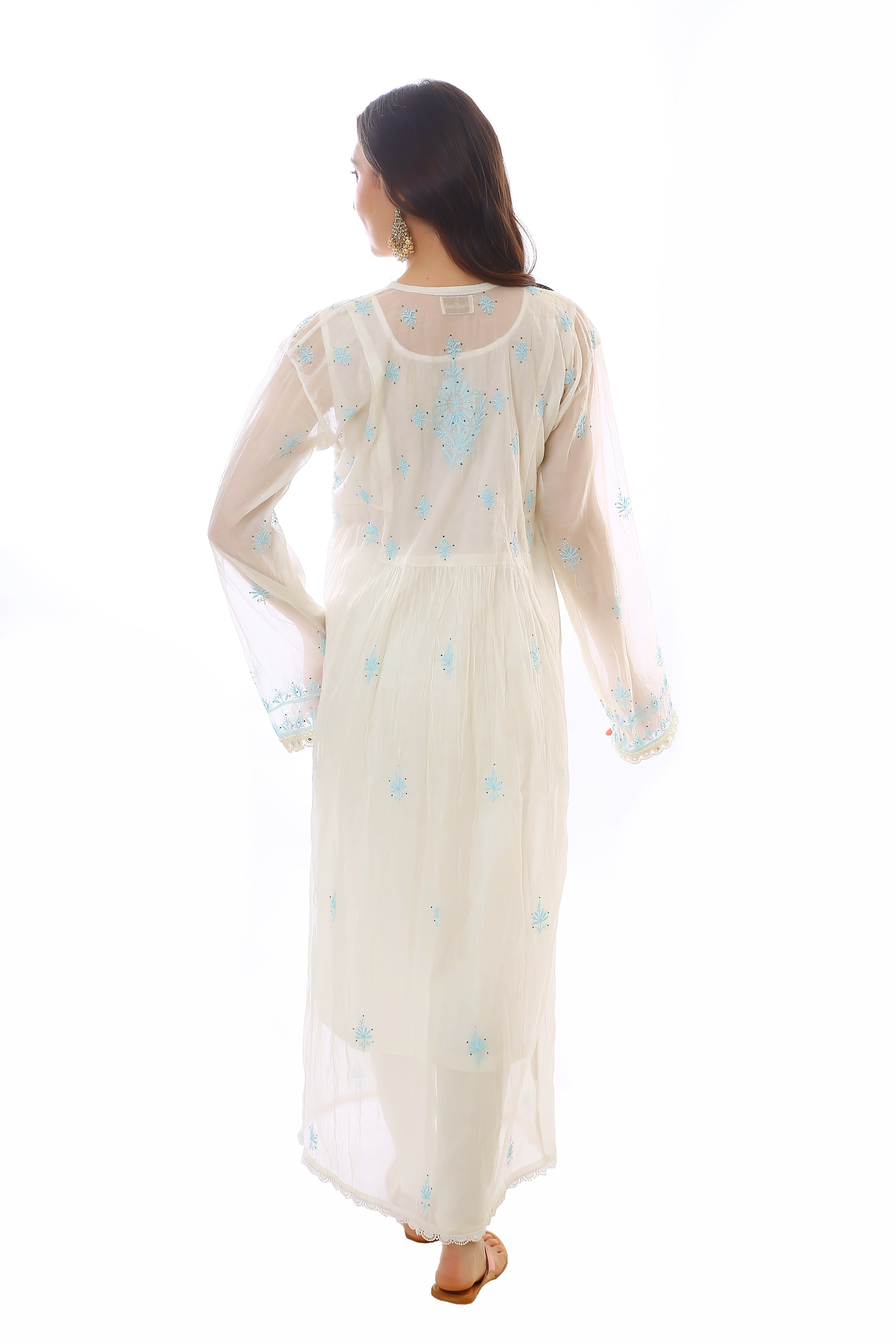 Ivory/Blue Mul Chanderi Ruksar Kurta Pant Dupatta with Mukaish