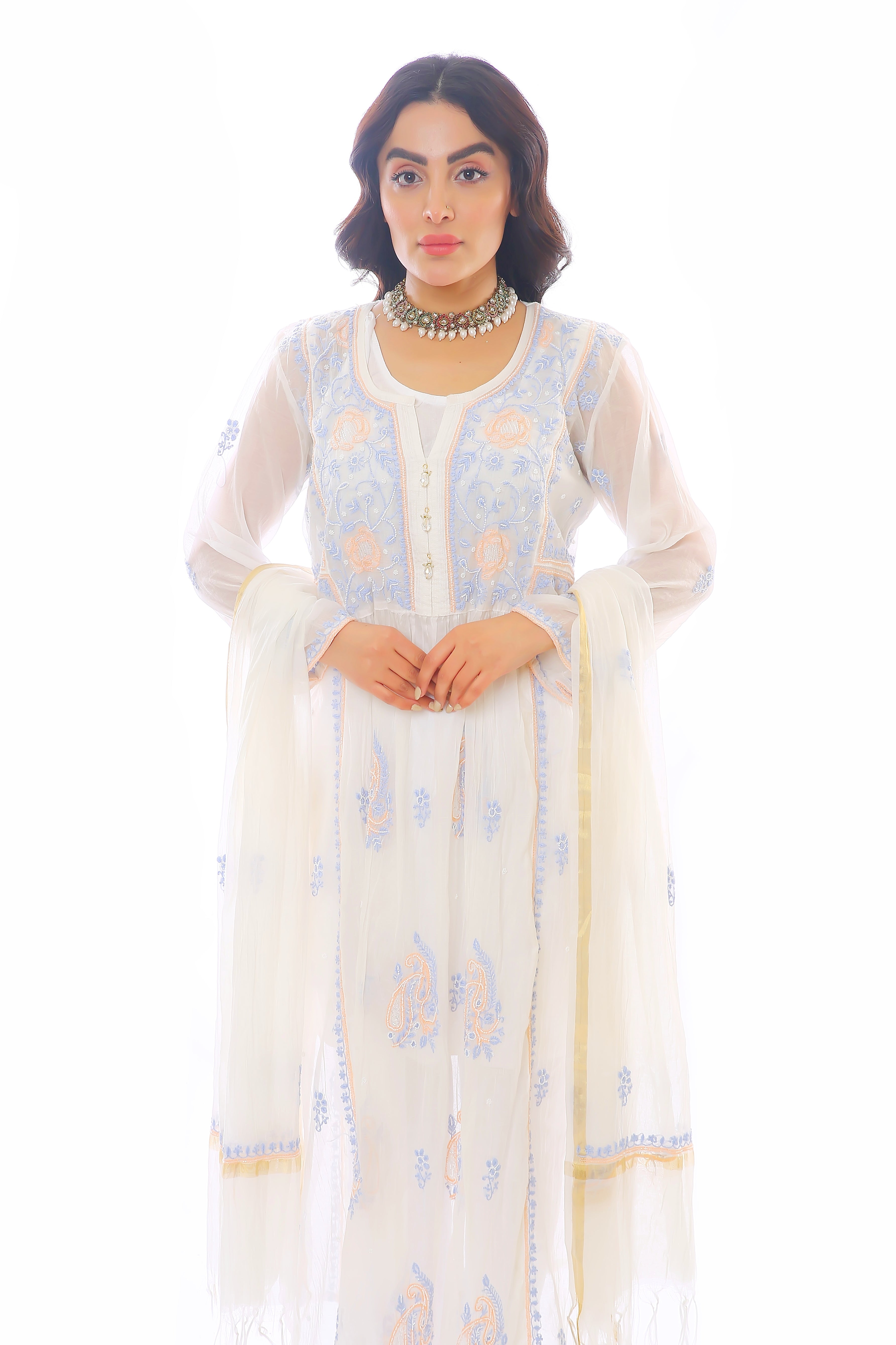 White / Peach Kashish Mul Chanderi Kurta Dupatta Pant With Moti Cutdana