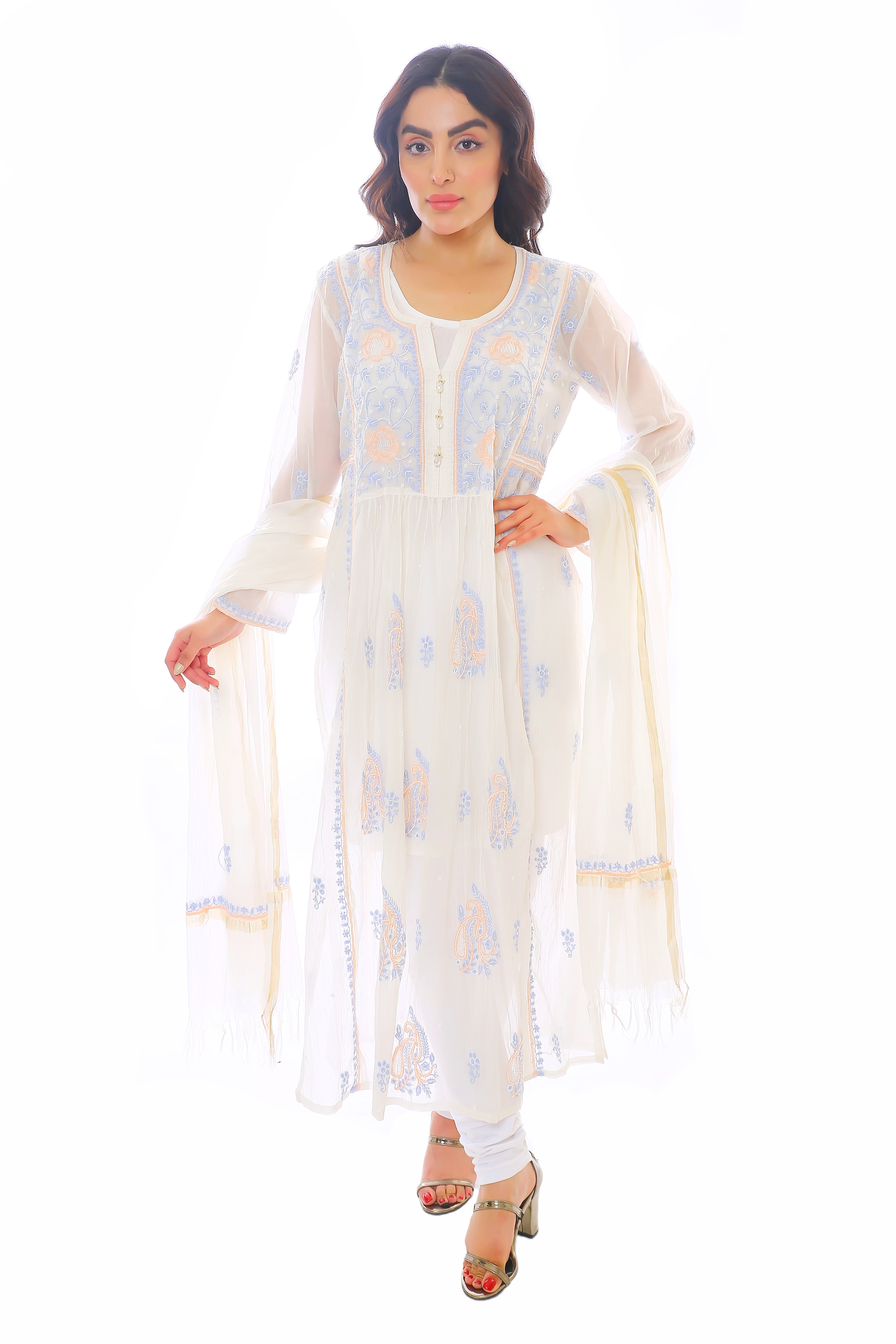 White / Peach Kashish Mul Chanderi Kurta Dupatta Pant With Moti Cutdana