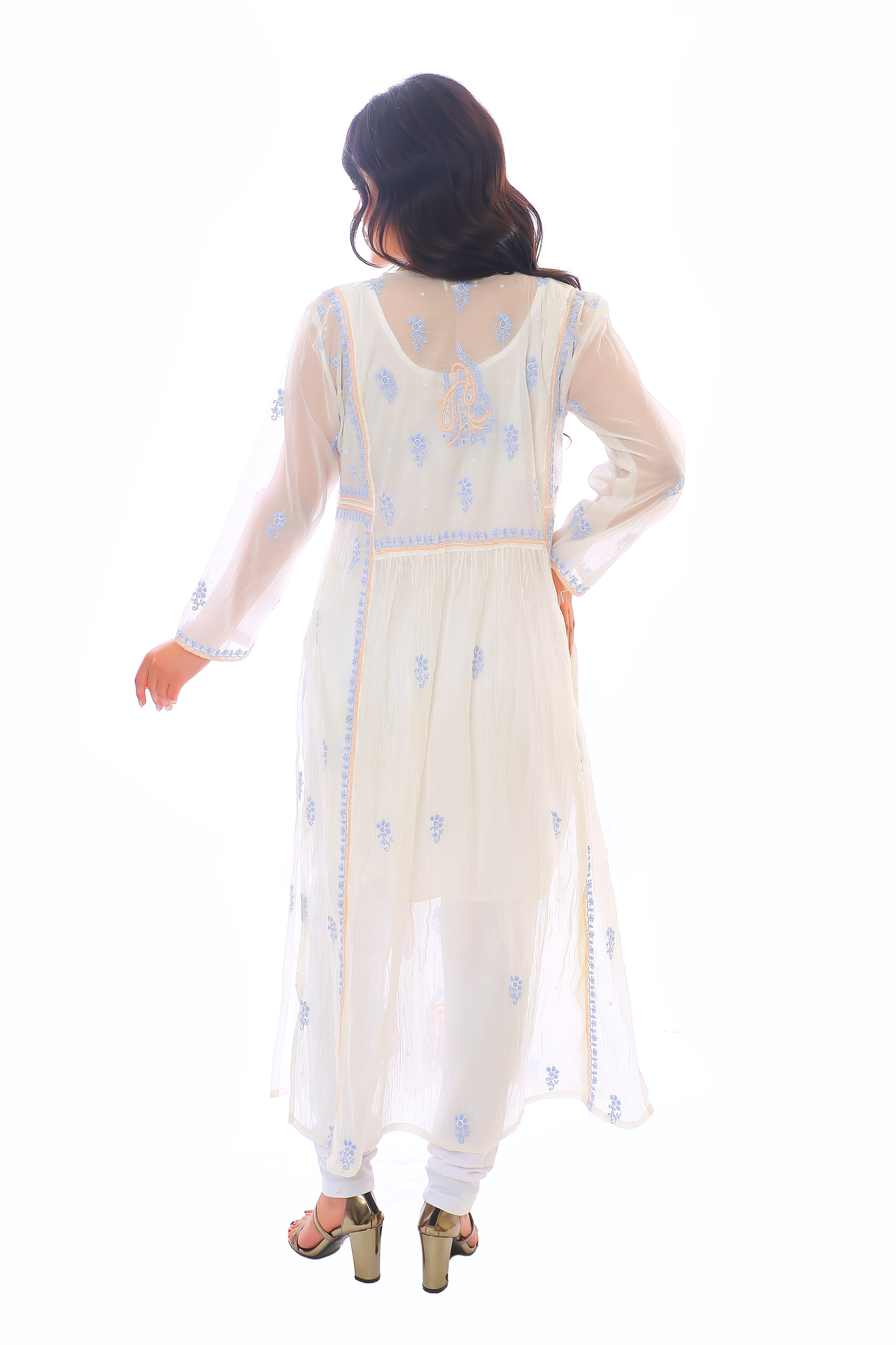 White / Peach Kashish Mul Chanderi Kurta Dupatta Pant With Moti Cutdana