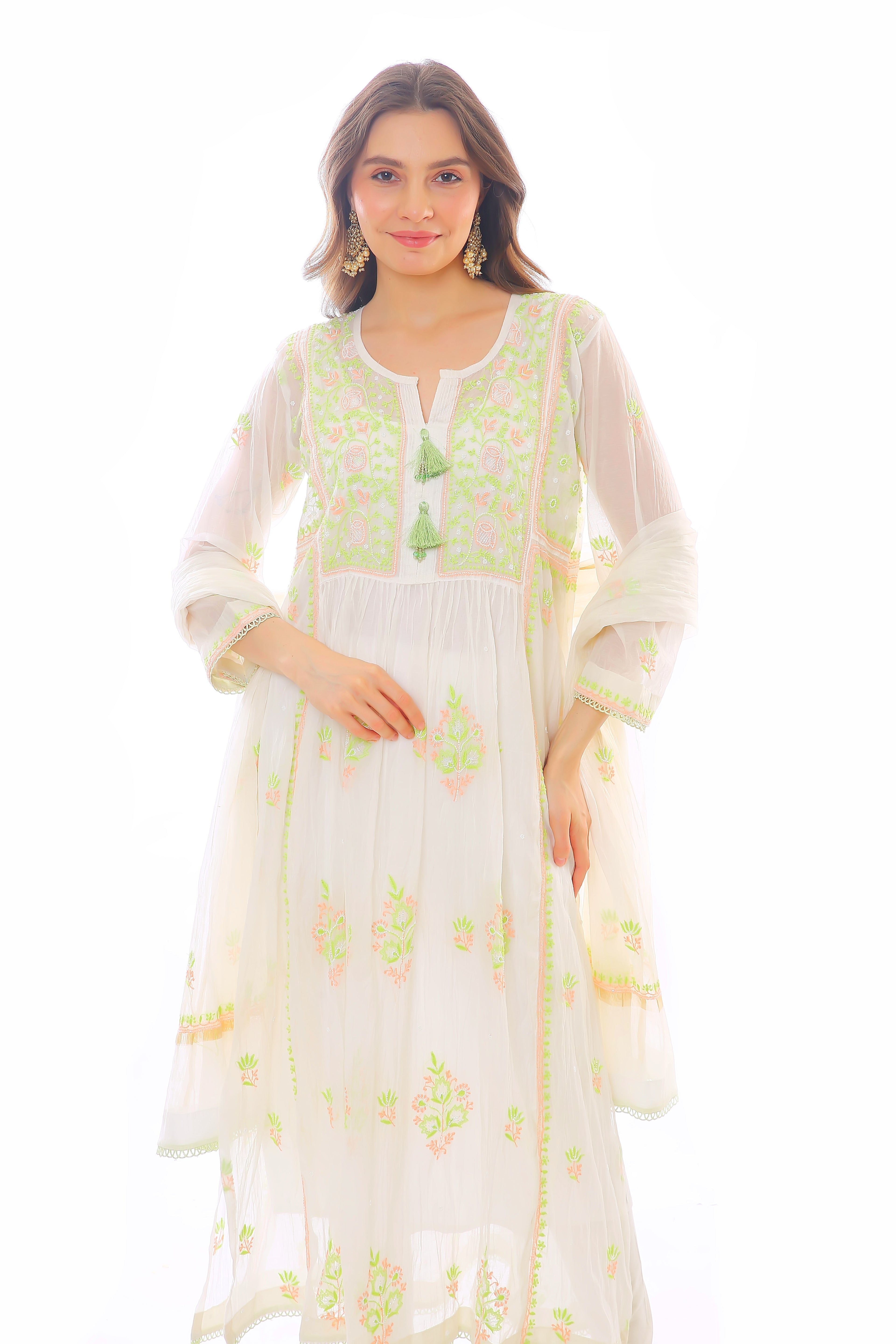 White / Green Kashish Mul Chanderi Kurta Dupatta Pant With Moti Cutdana