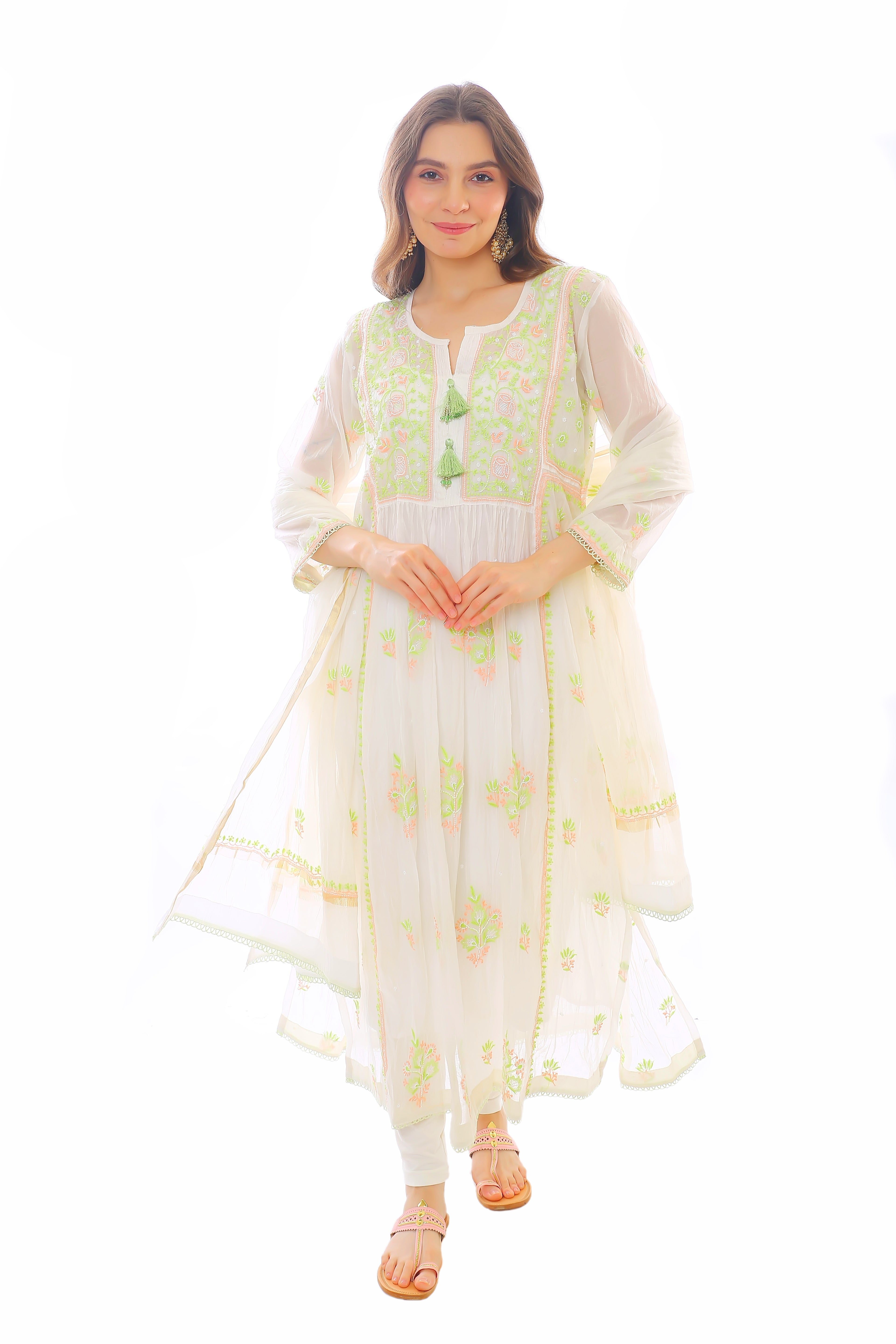White / Green Kashish Mul Chanderi Kurta Dupatta Pant With Moti Cutdana