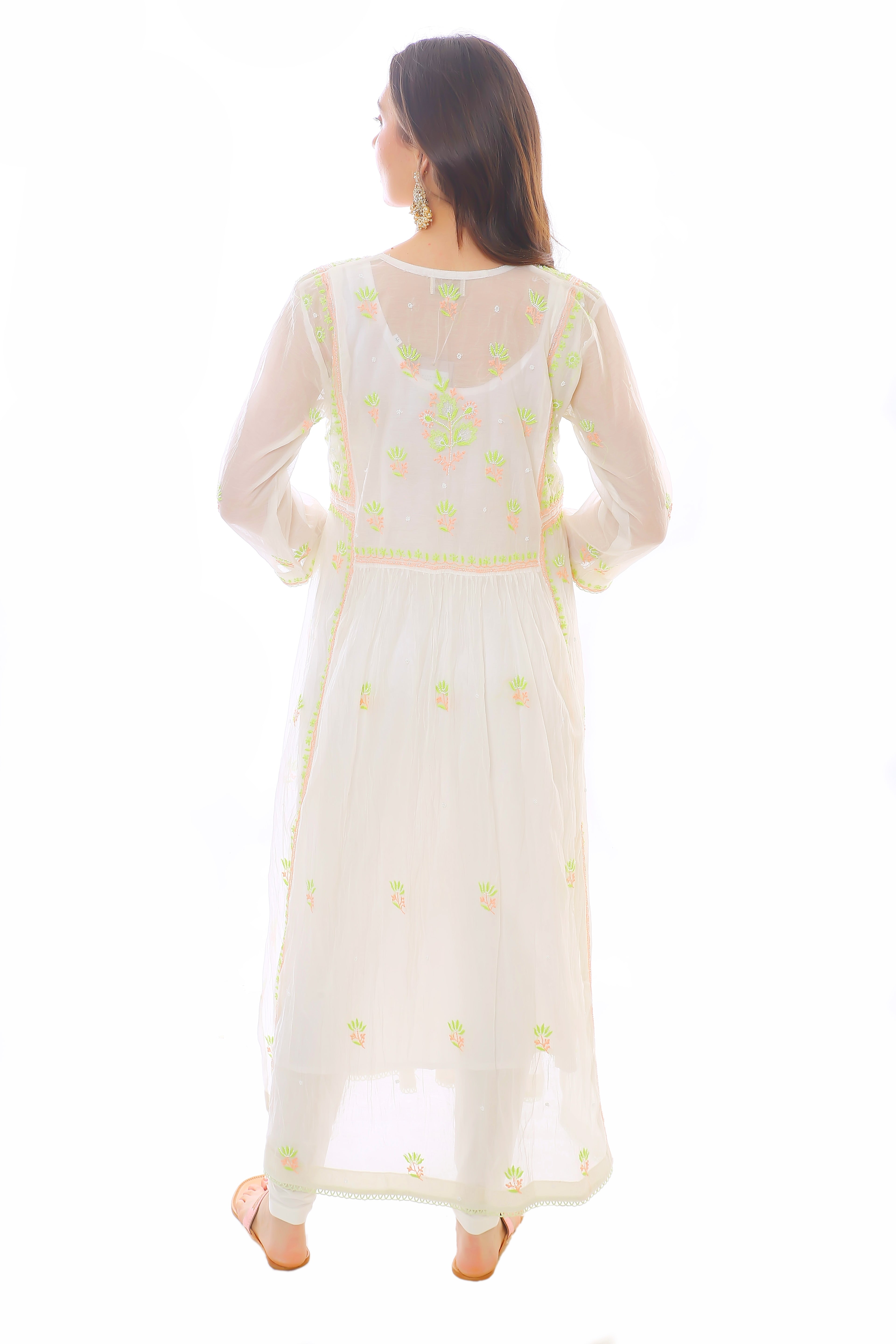 White / Green Kashish Mul Chanderi Kurta Dupatta Pant With Moti Cutdana
