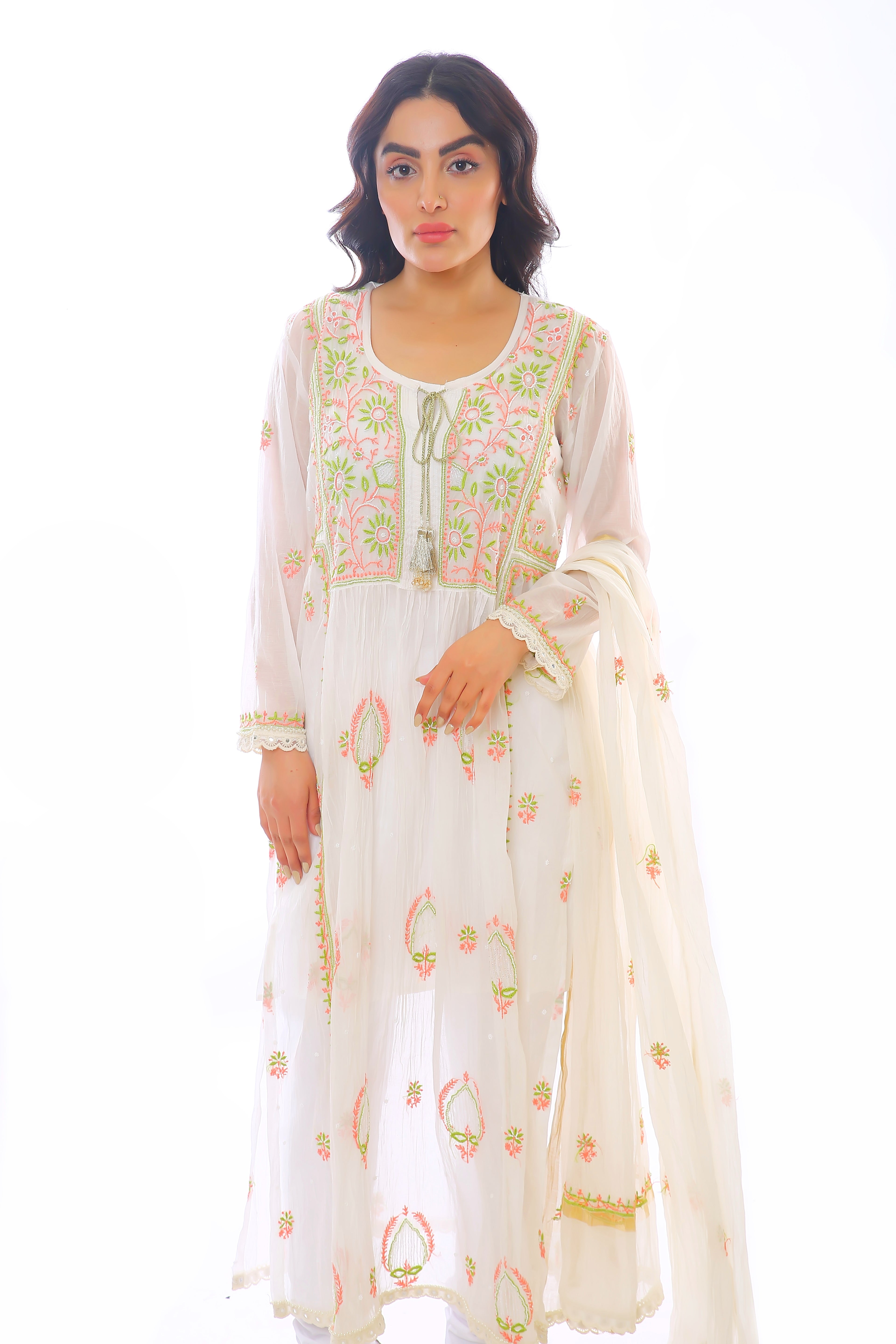 White / Pink Kashish Mul Chanderi Kurta Dupatta Pant With Moti Cutdana