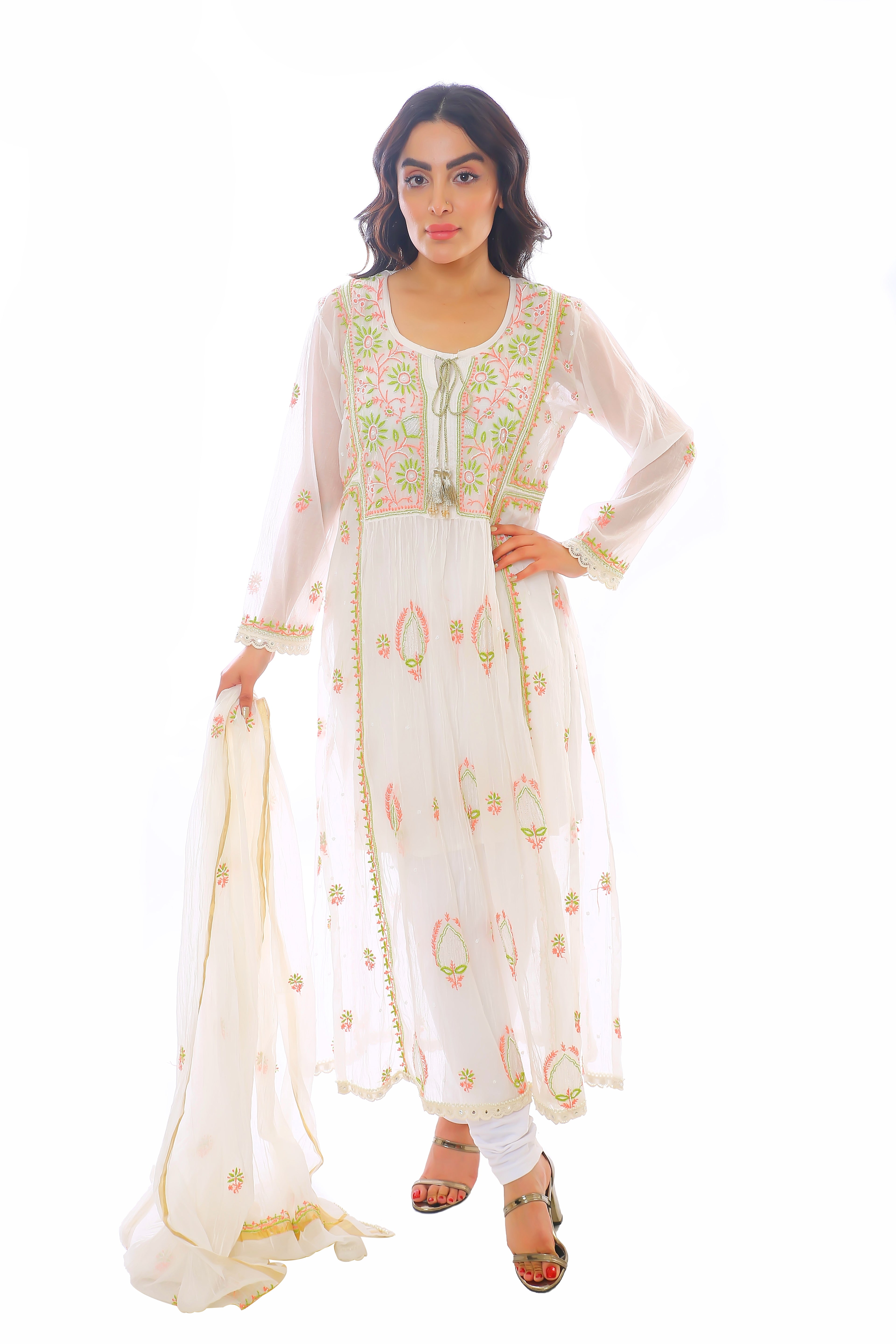 White / Pink Kashish Mul Chanderi Kurta Dupatta Pant With Moti Cutdana