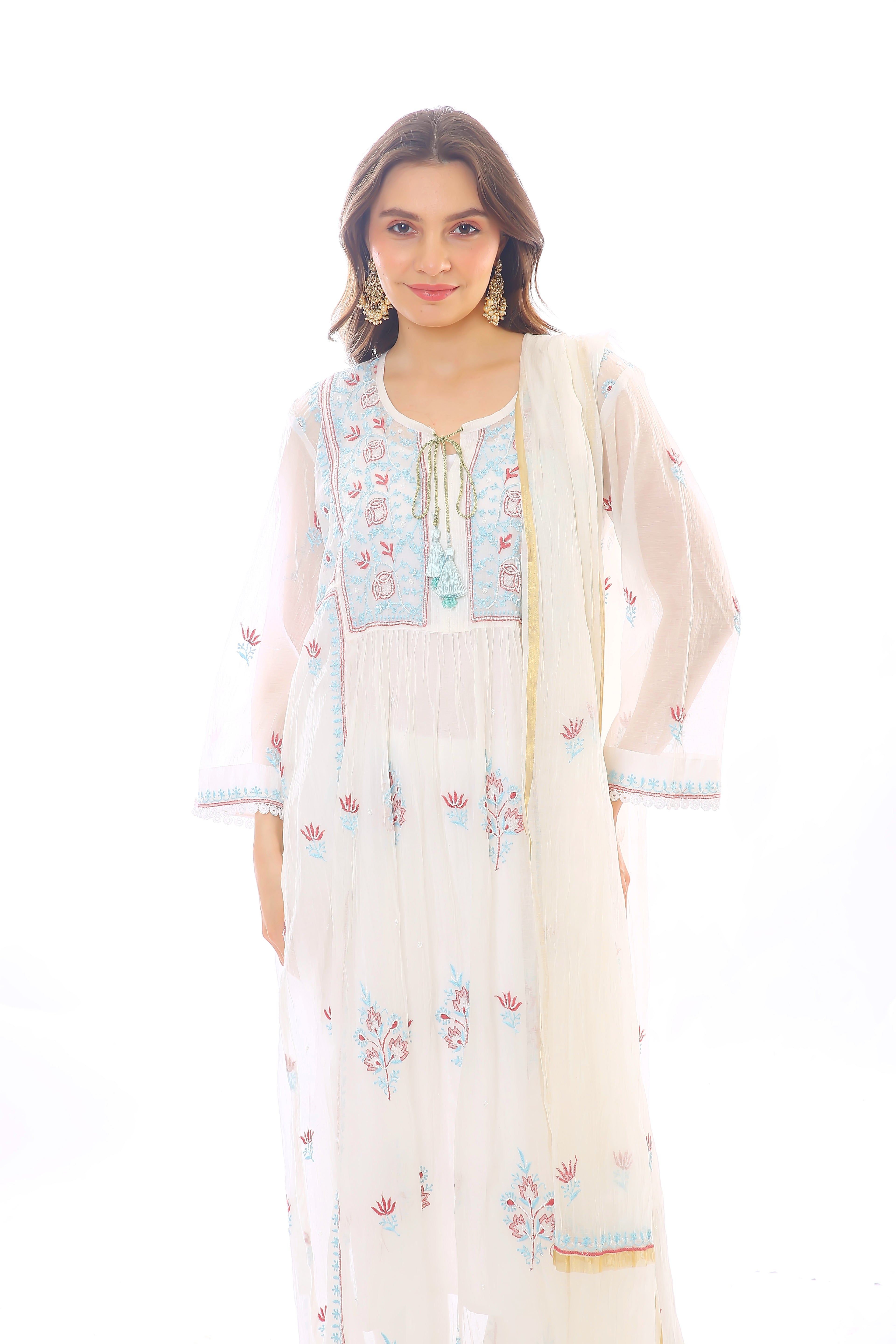 White / Red Kashish Mul Chanderi Kurta Dupatta Pant With Moti Cutdana