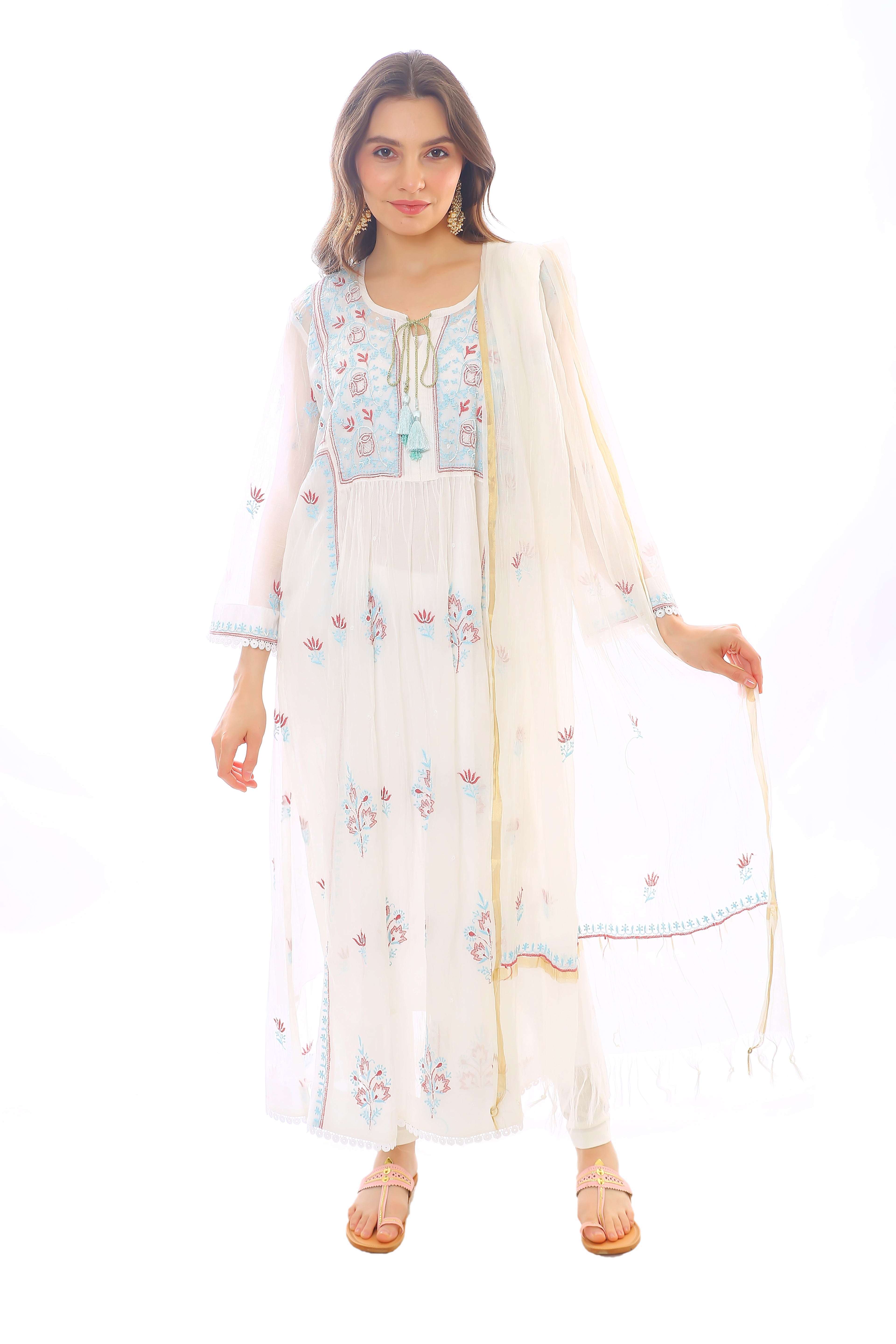 White / Red Kashish Mul Chanderi Kurta Dupatta Pant With Moti Cutdana