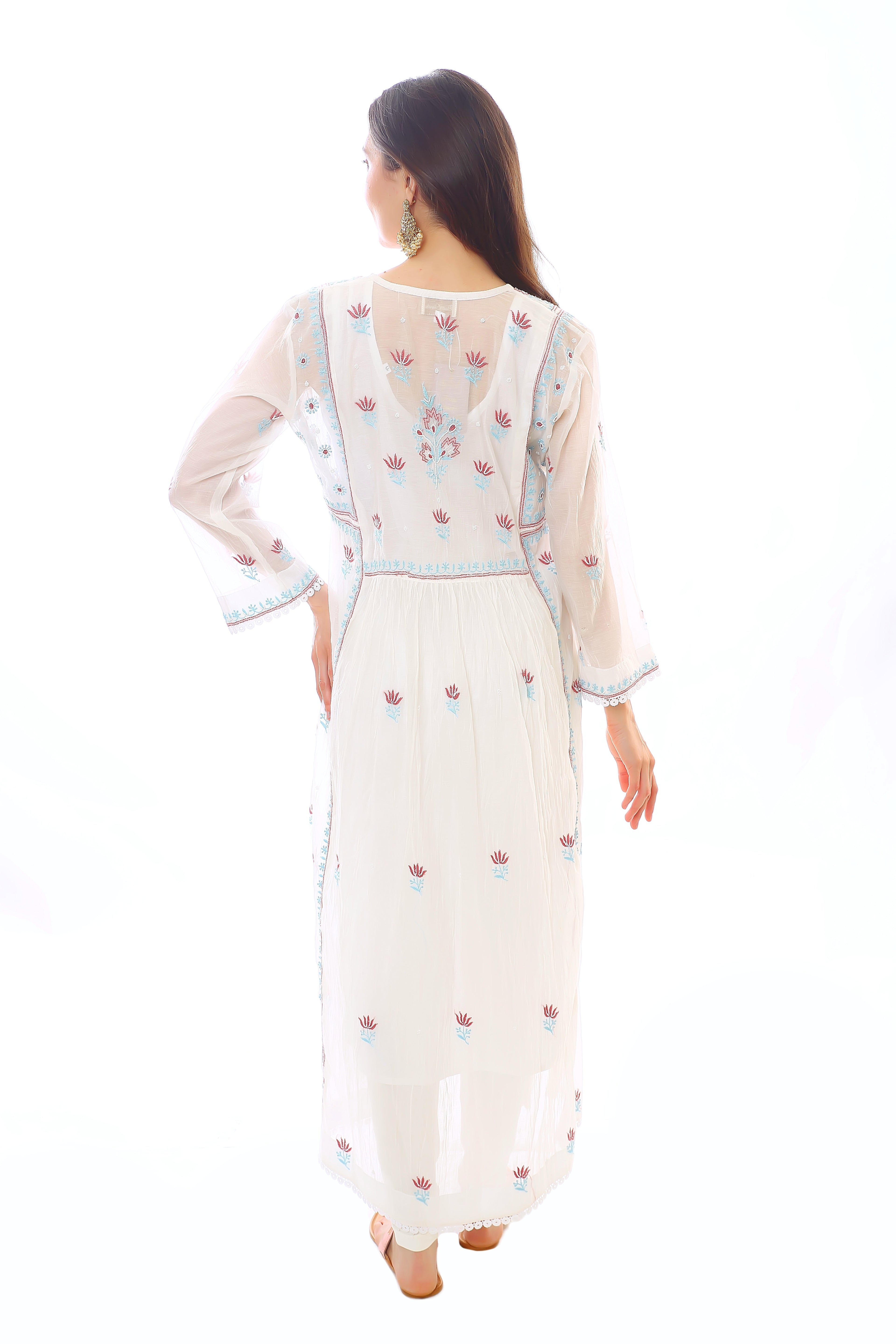 White / Red Kashish Mul Chanderi Kurta Dupatta Pant With Moti Cutdana