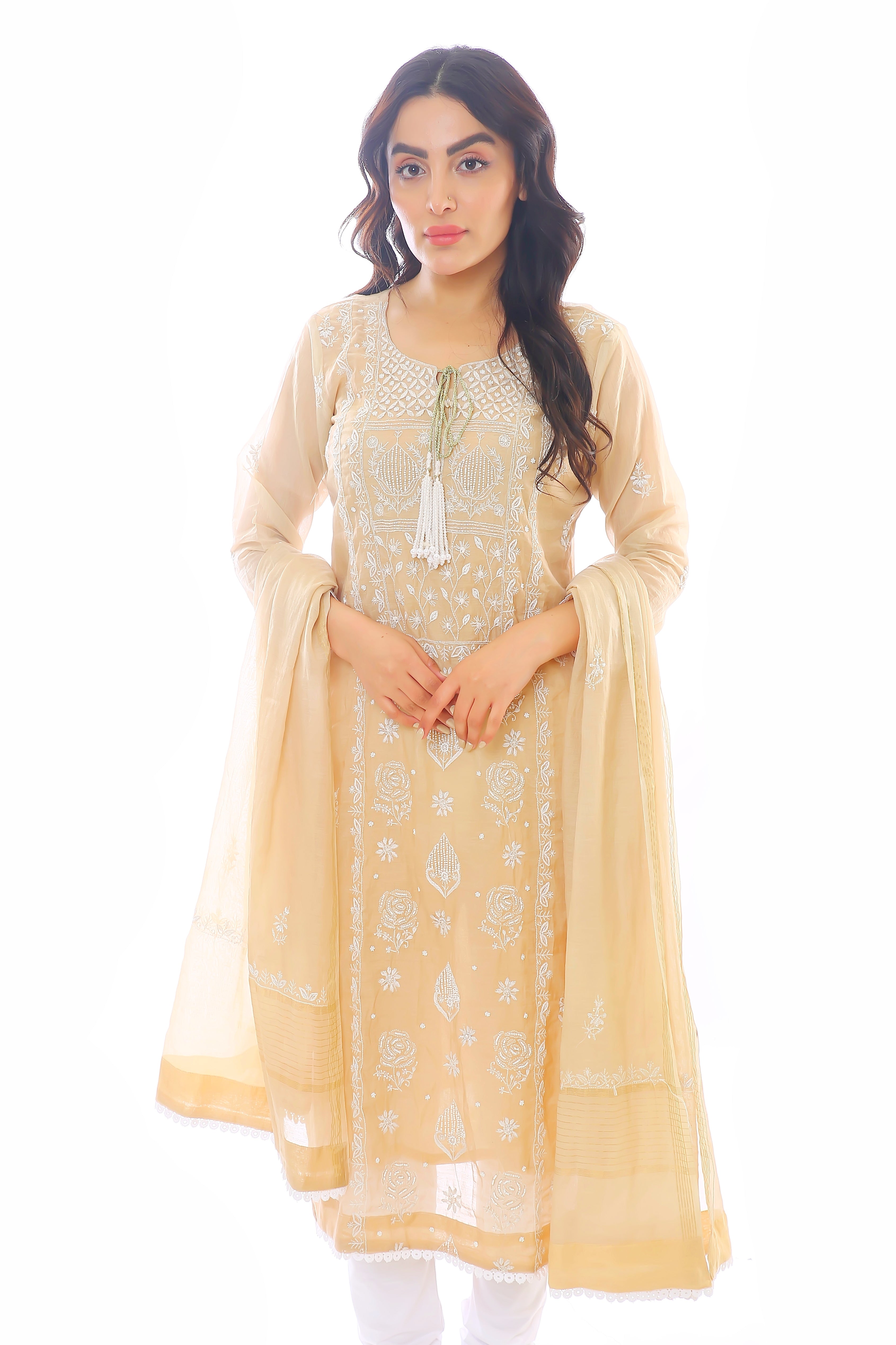 Beige Mul Chanderi Fiza Kurta Pant Dupatta Set with Moti Cutdana