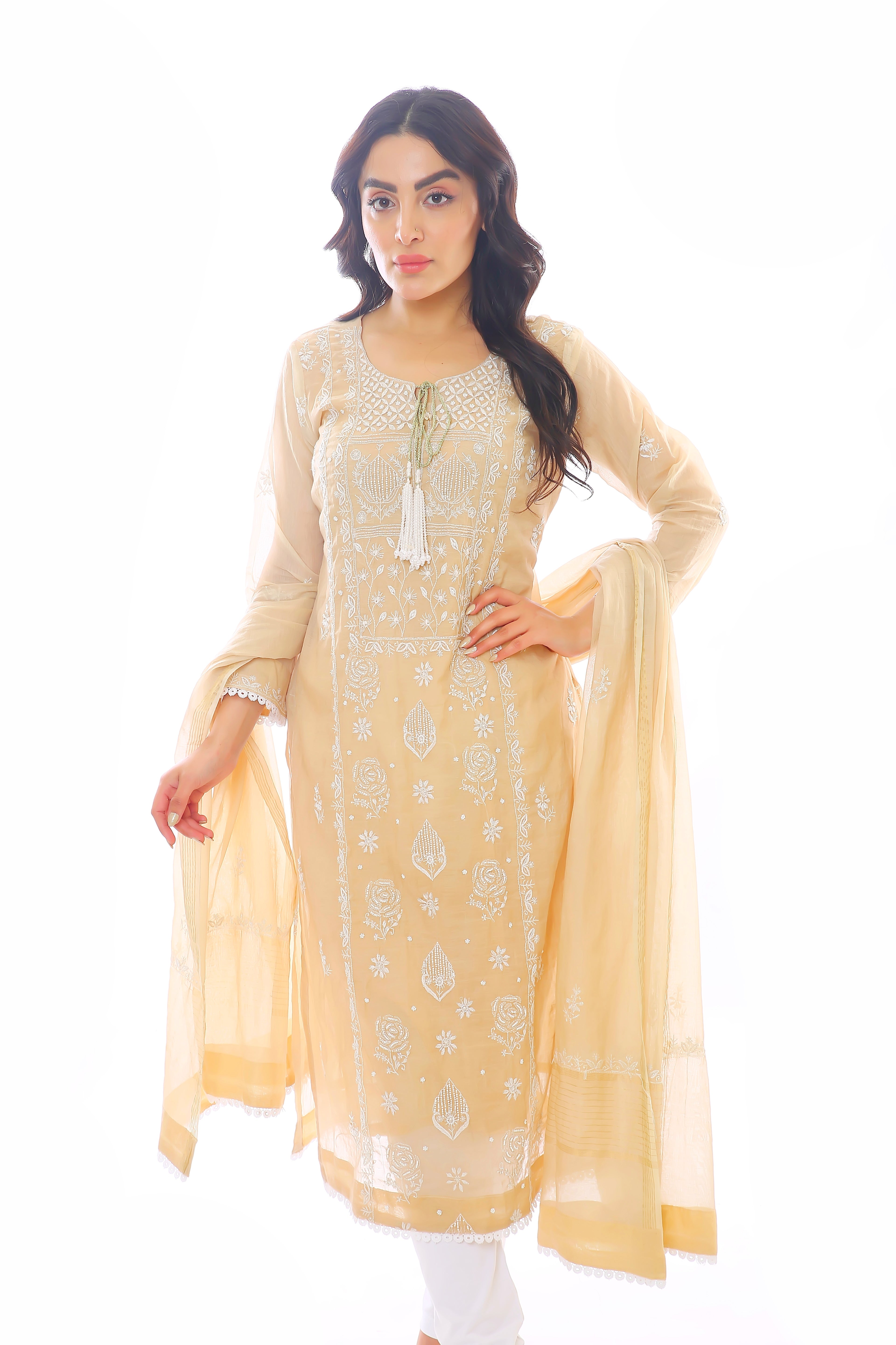 Beige Mul Chanderi Fiza Kurta Pant Dupatta Set with Moti Cutdana