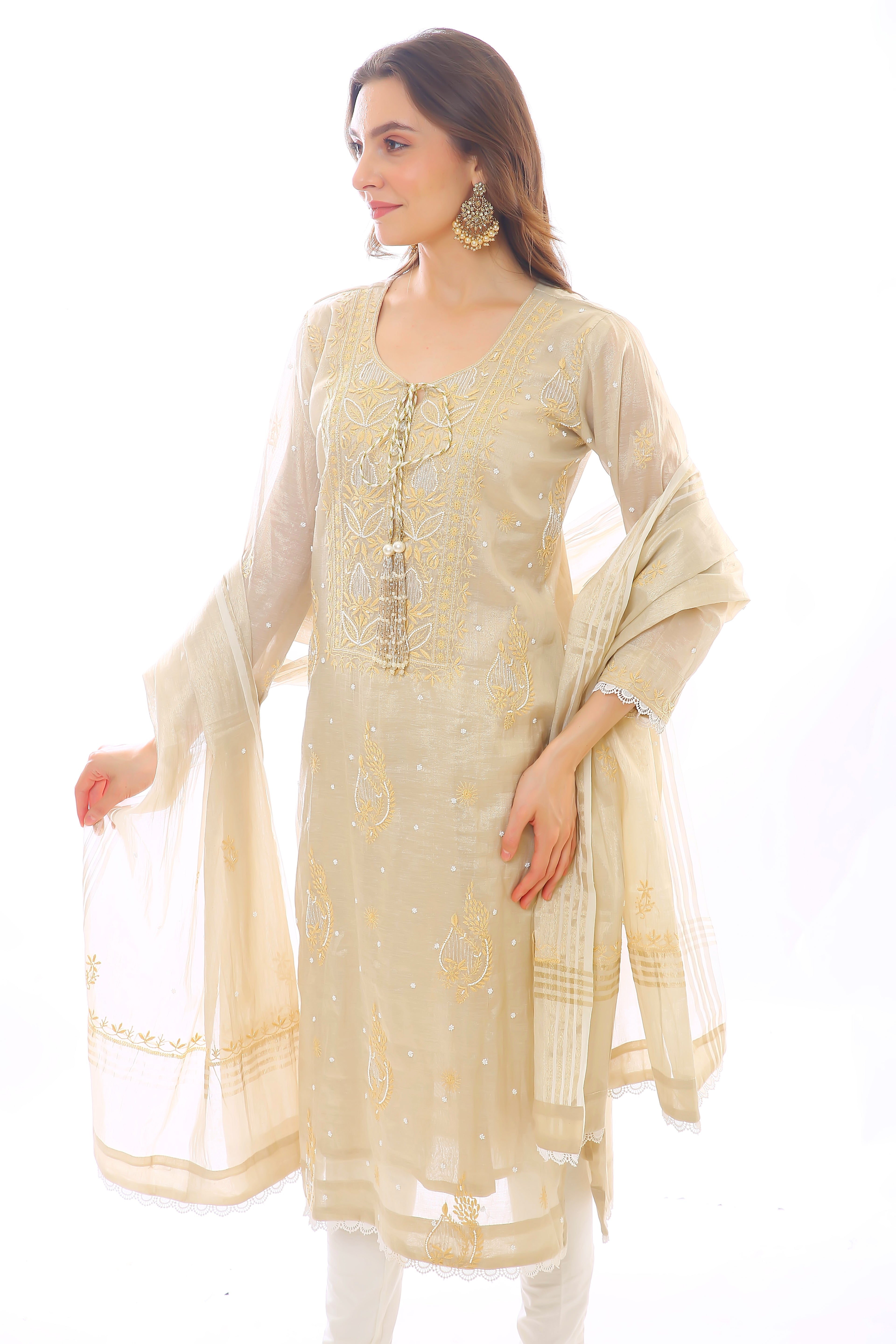 Gold Tissue Chanderi Rooh Kurta Pant Dupatta Set with Moti Cutdana