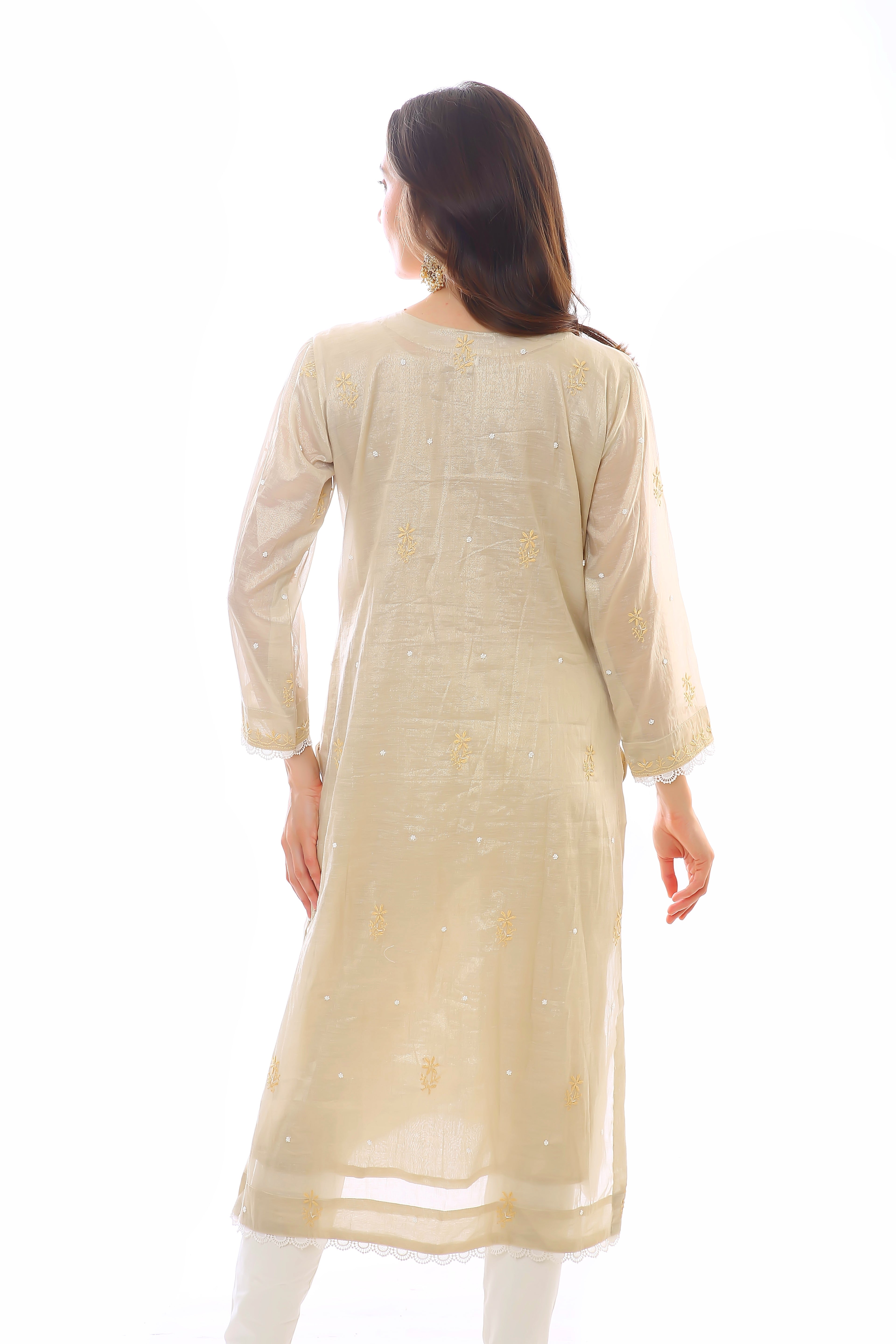 Gold Tissue Chanderi Rooh Kurta Pant Dupatta Set with Moti Cutdana