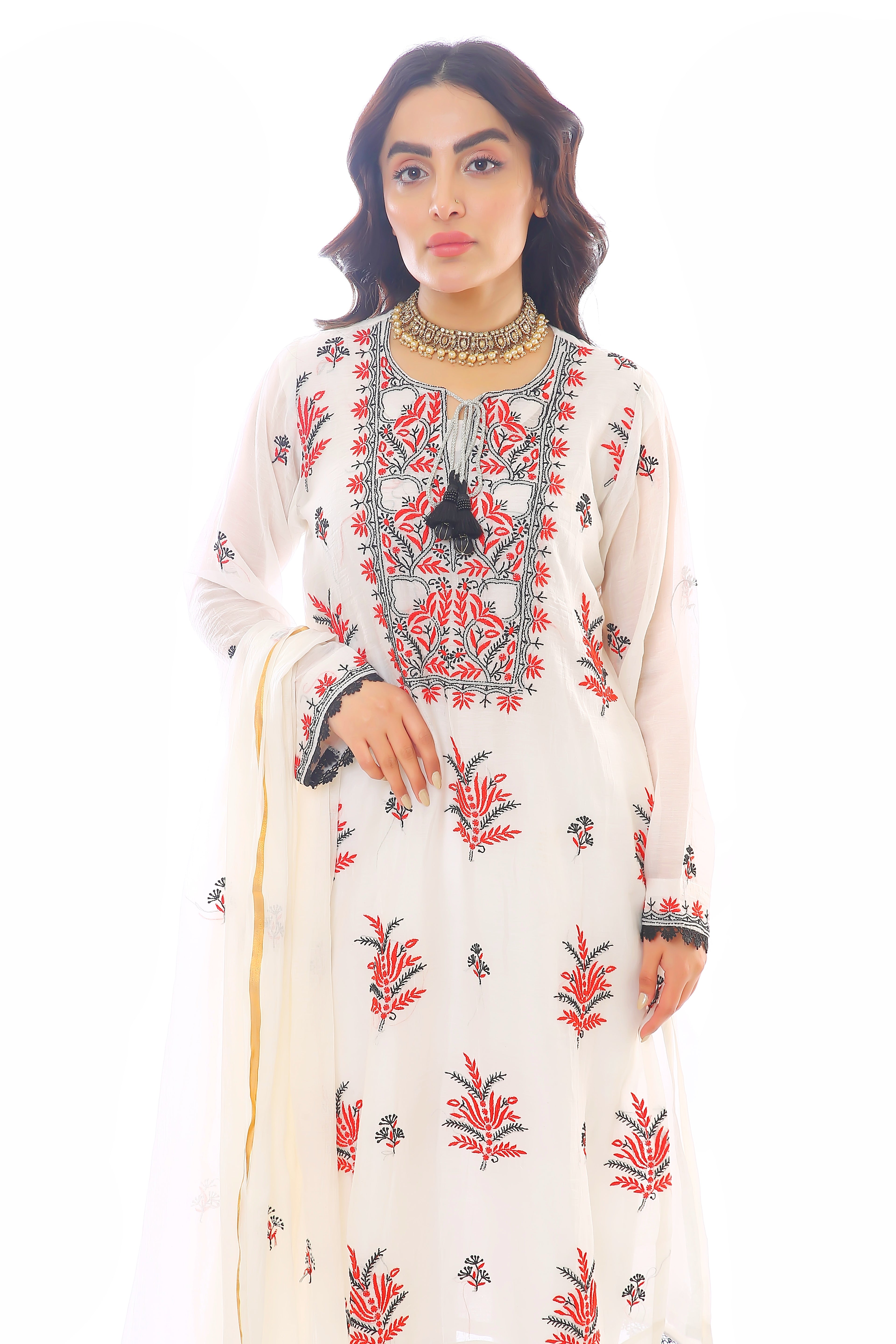 White/Red Mul Chanderi Ruksana Kurta Pant Dupatta Set