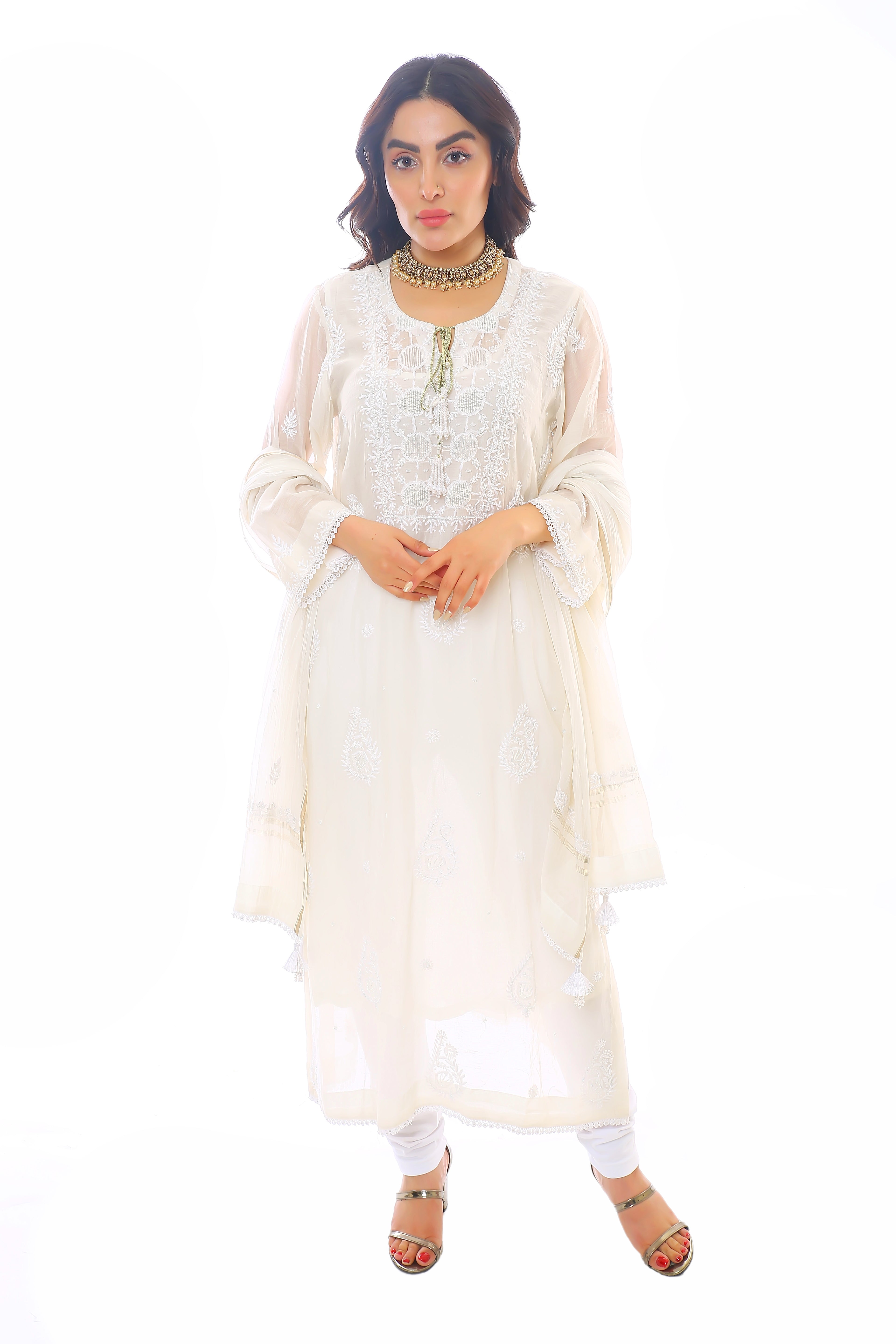 White Mul Chanderi Chand Kurta Pant Dupatta Set with Moti Cutdana
