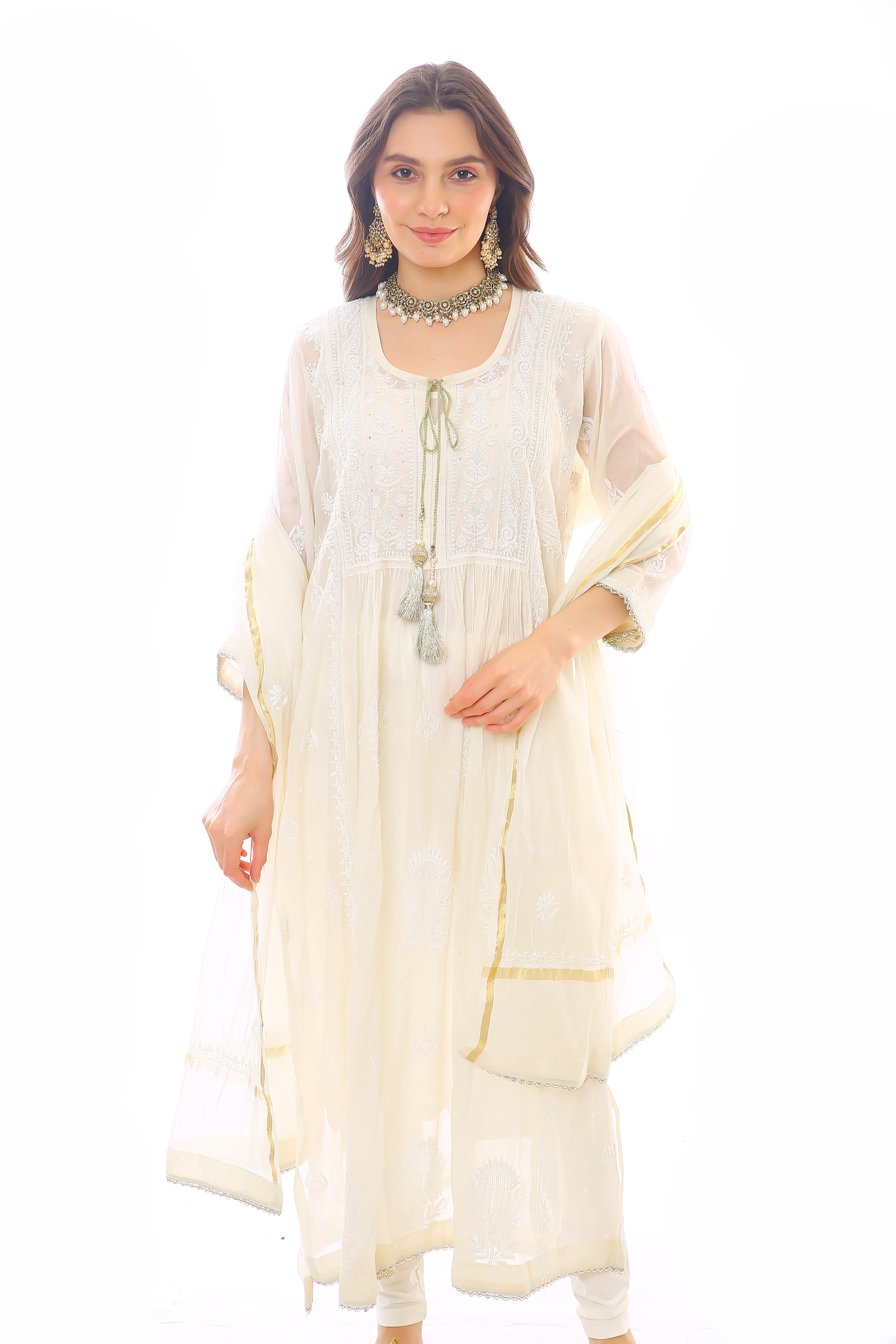 Off White Mul Chanderi Chanda Kurta Pant Dupatta Set with Moti Cutdana
