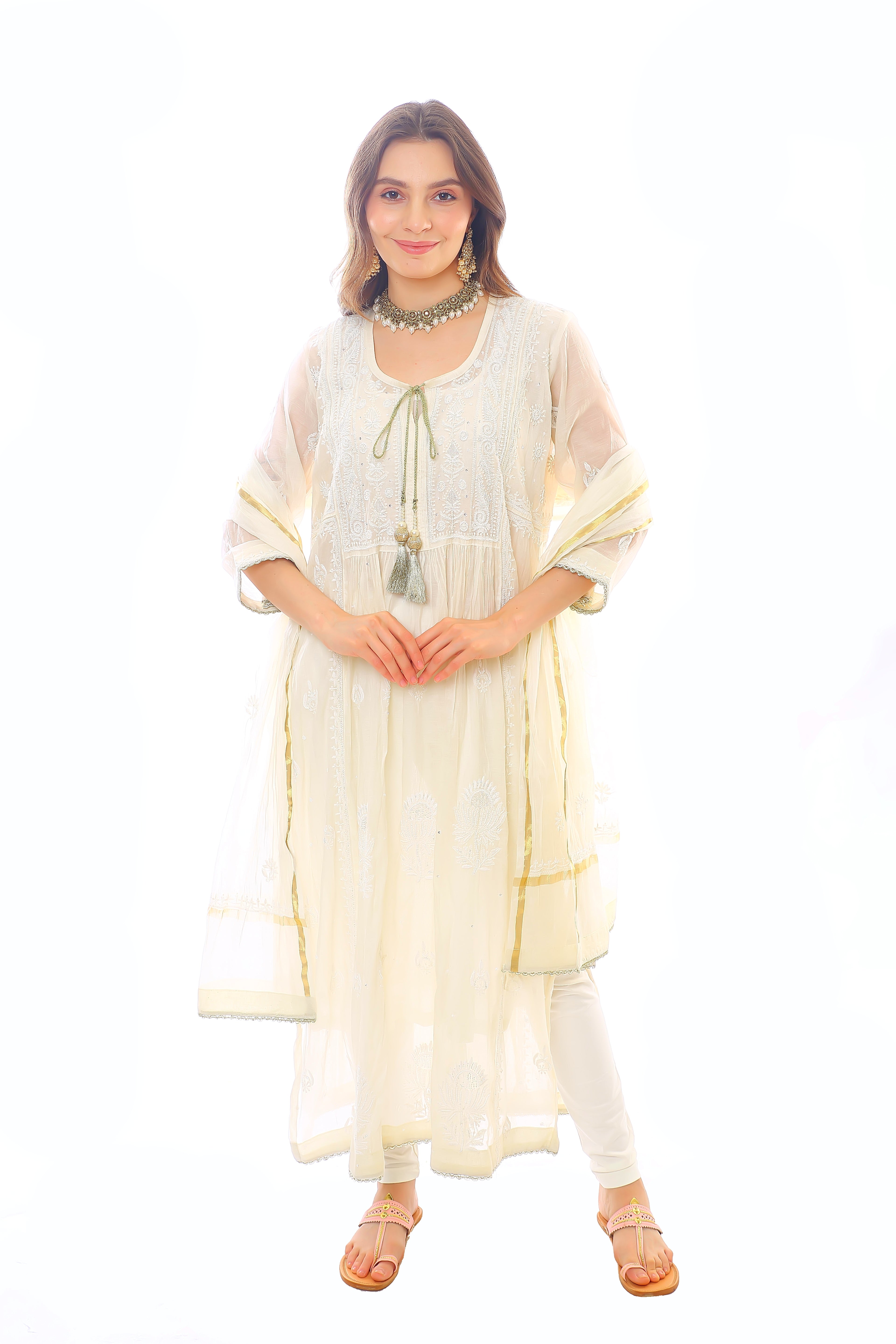 Off White Mul Chanderi Chanda Kurta Pant Dupatta Set with Moti Cutdana