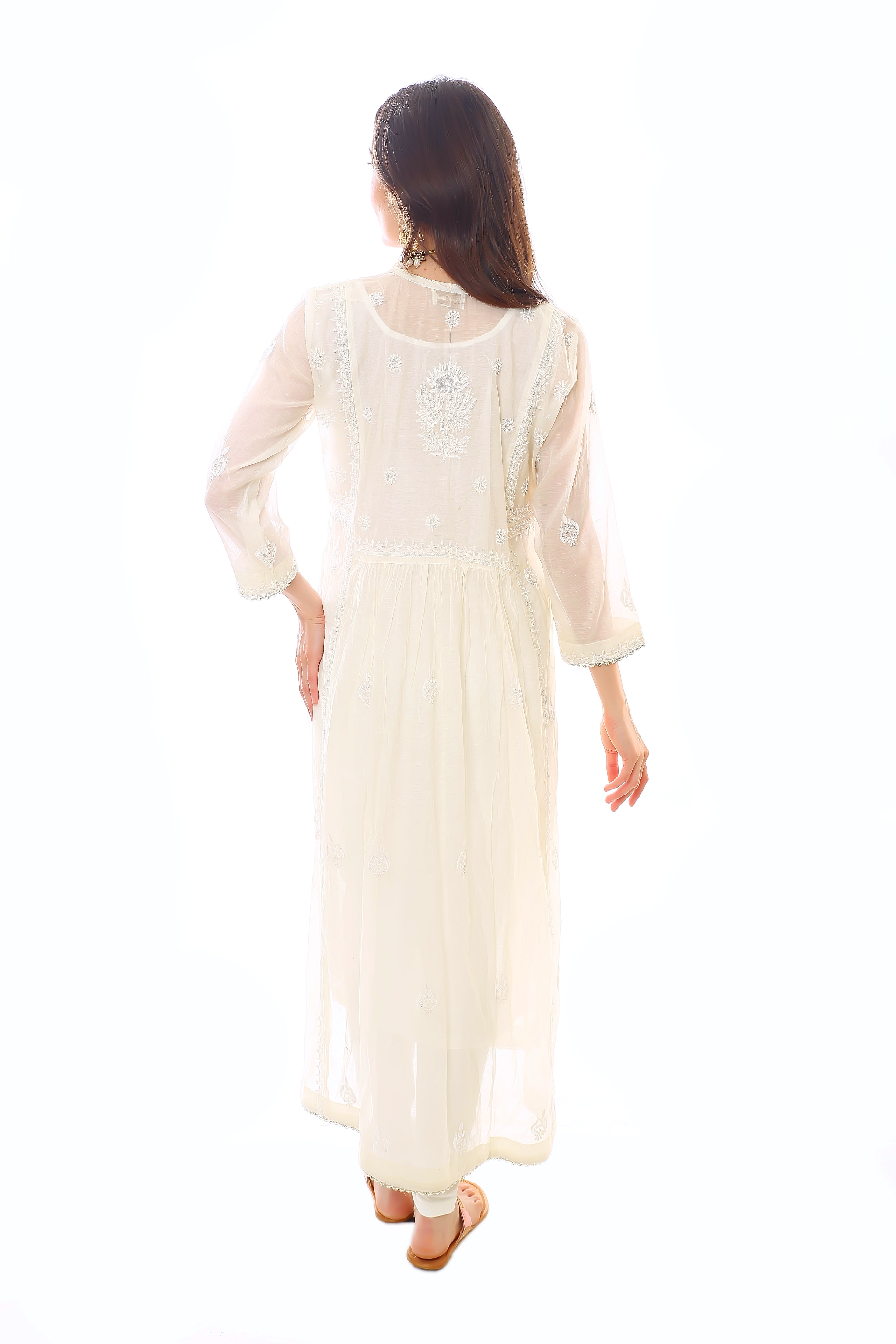 Off White Mul Chanderi Chanda Kurta Pant Dupatta Set with Moti Cutdana
