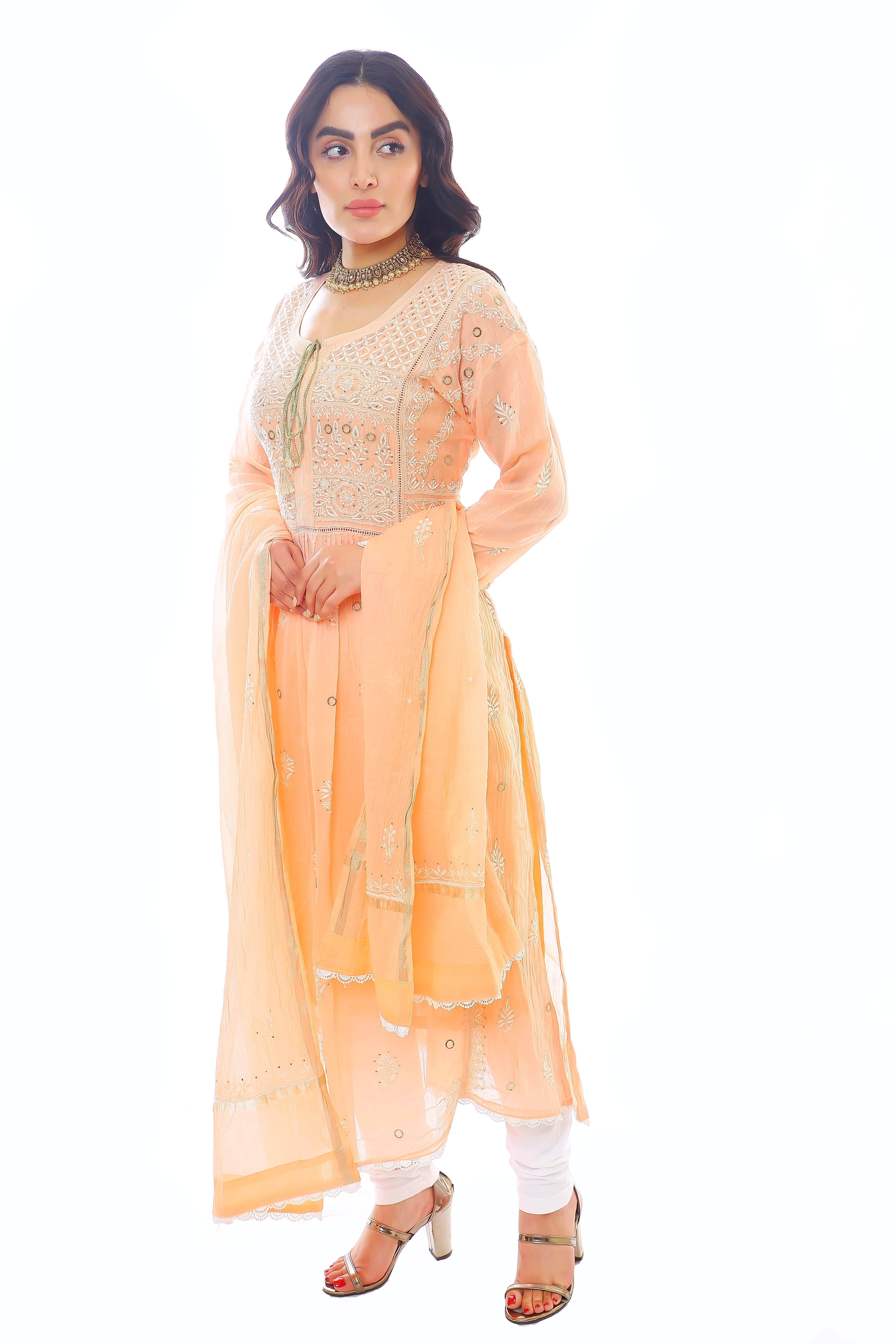 Peach Mul Chanderi Sehar Anarkali Set with Moti Cutdana