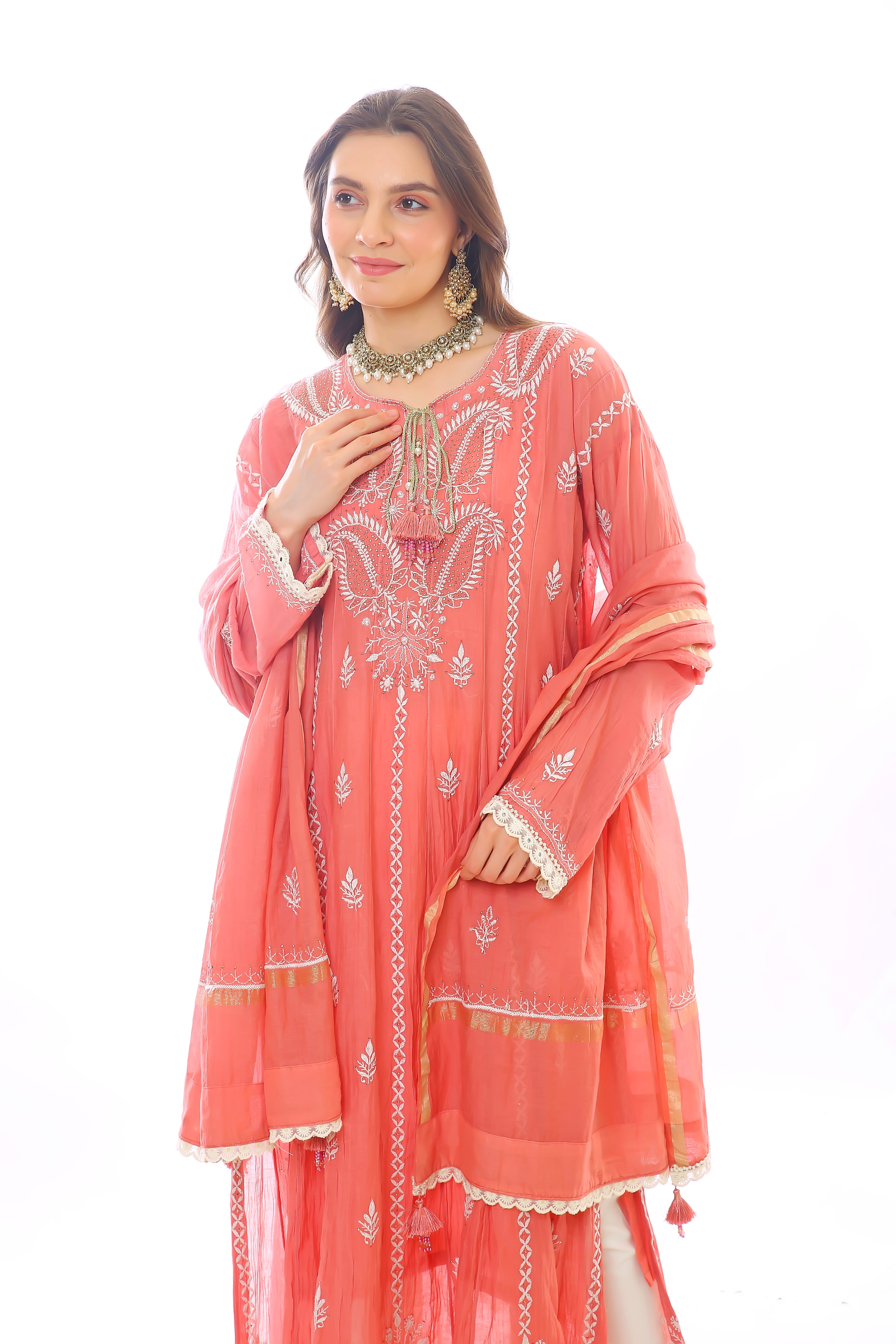 Carrot Mul Chanderi Sehar Anarkali Set with Moti Cutdana
