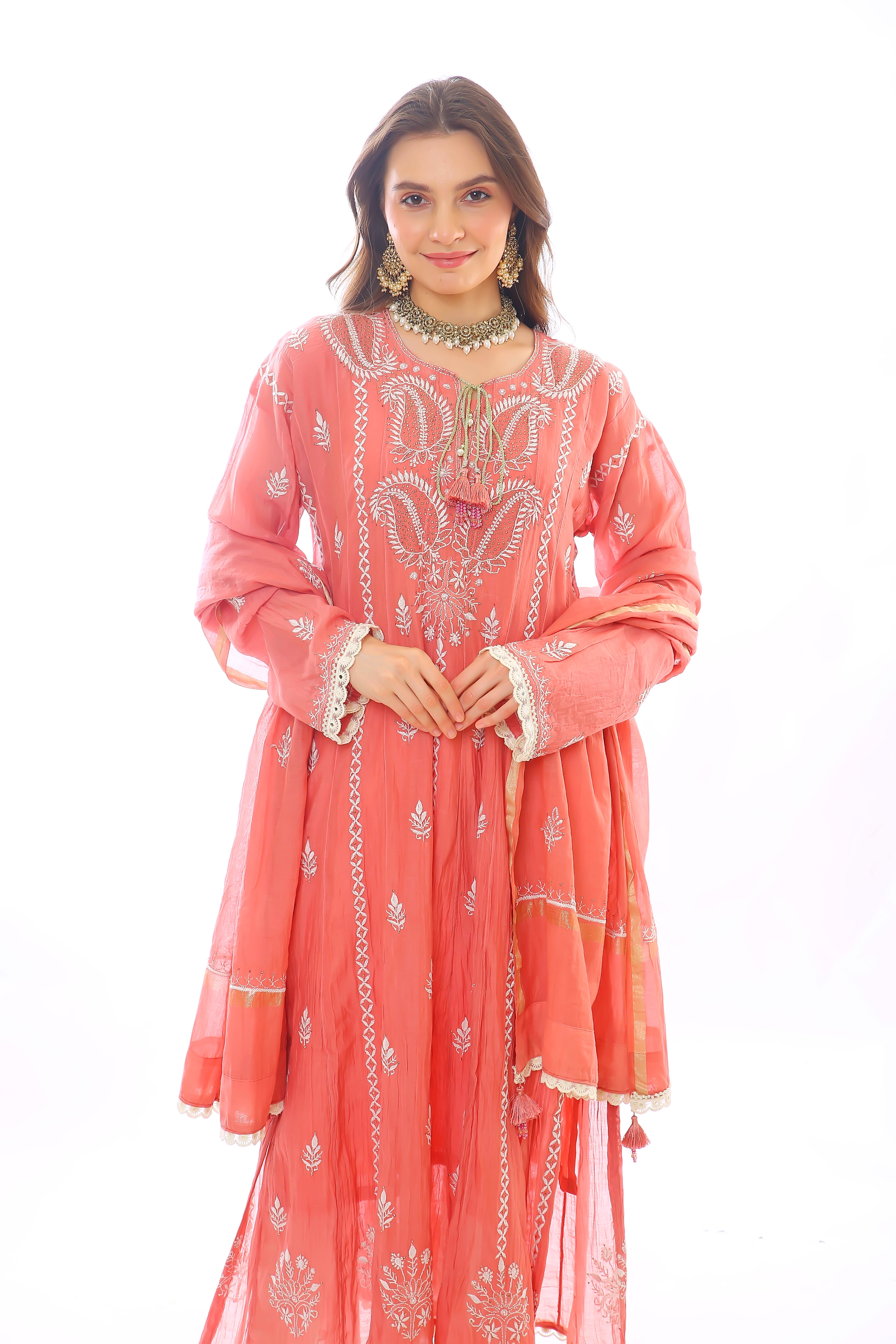 Carrot Mul Chanderi Sehar Anarkali Set with Moti Cutdana