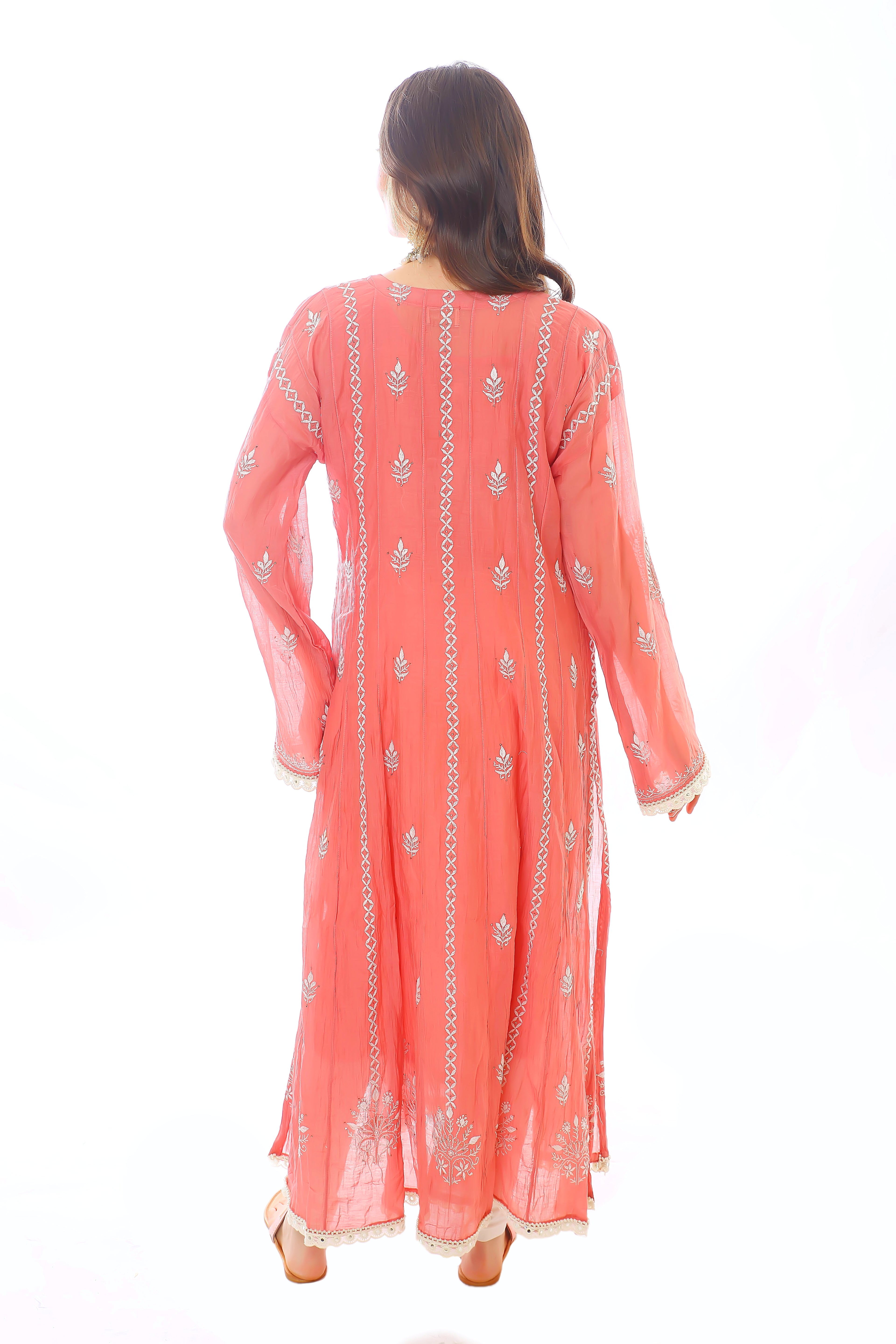 Carrot Mul Chanderi Sehar Anarkali Set with Moti Cutdana