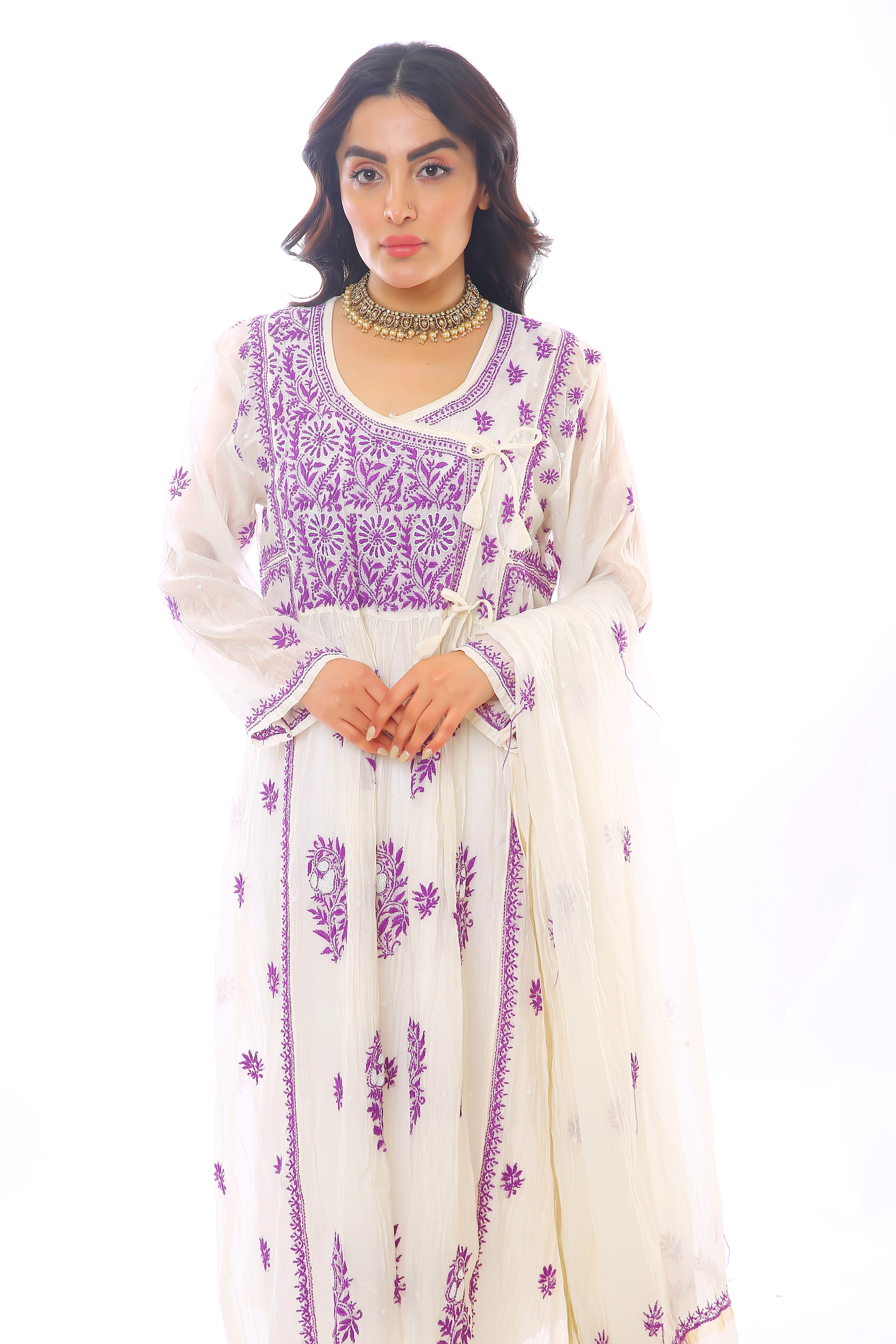 Ivory/Purple Mul Chanderi Mehrunisa Angrakha Set with Moti Cutdana