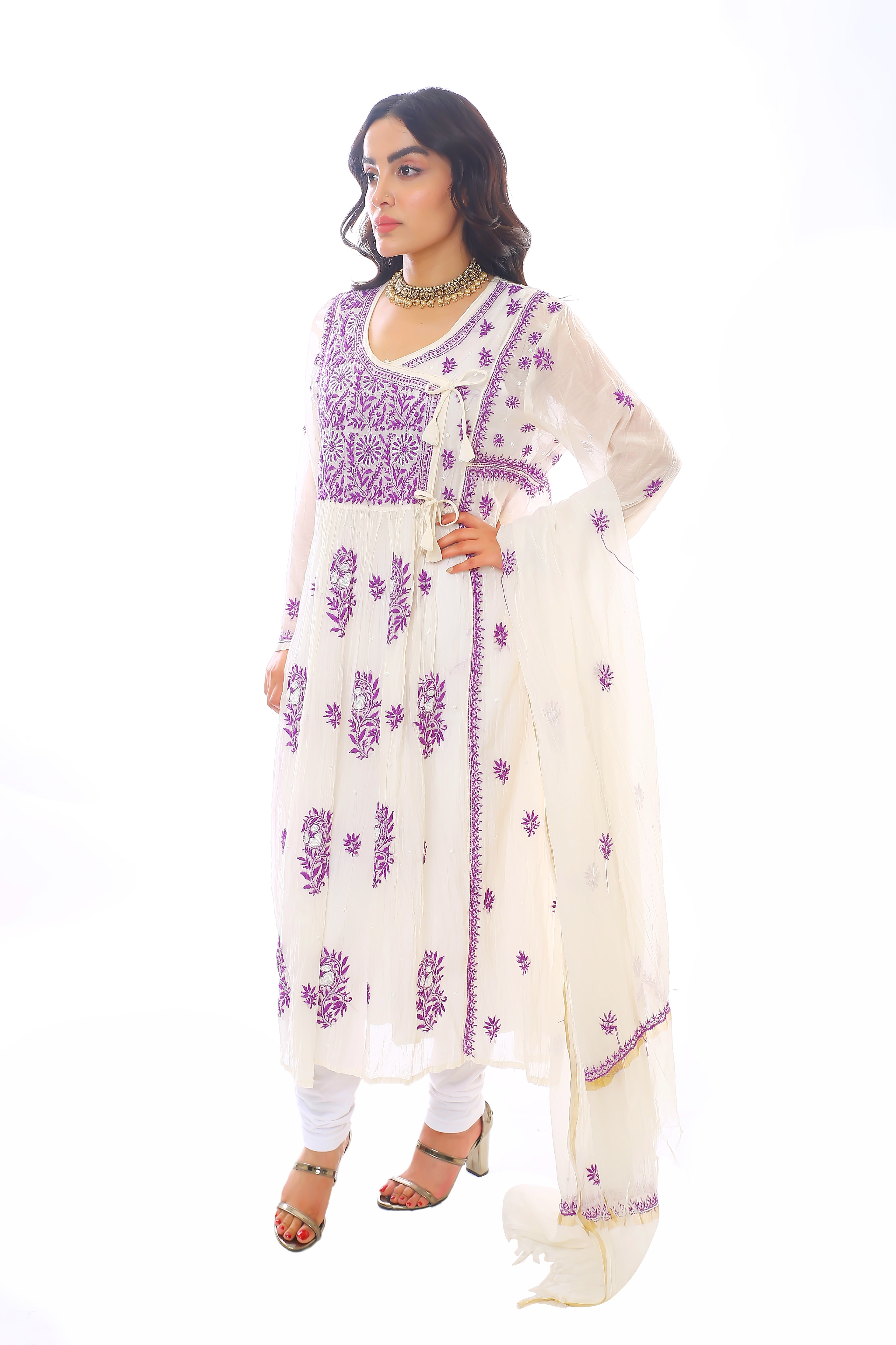 Ivory/Purple Mul Chanderi Mehrunisa Angrakha Set with Moti Cutdana