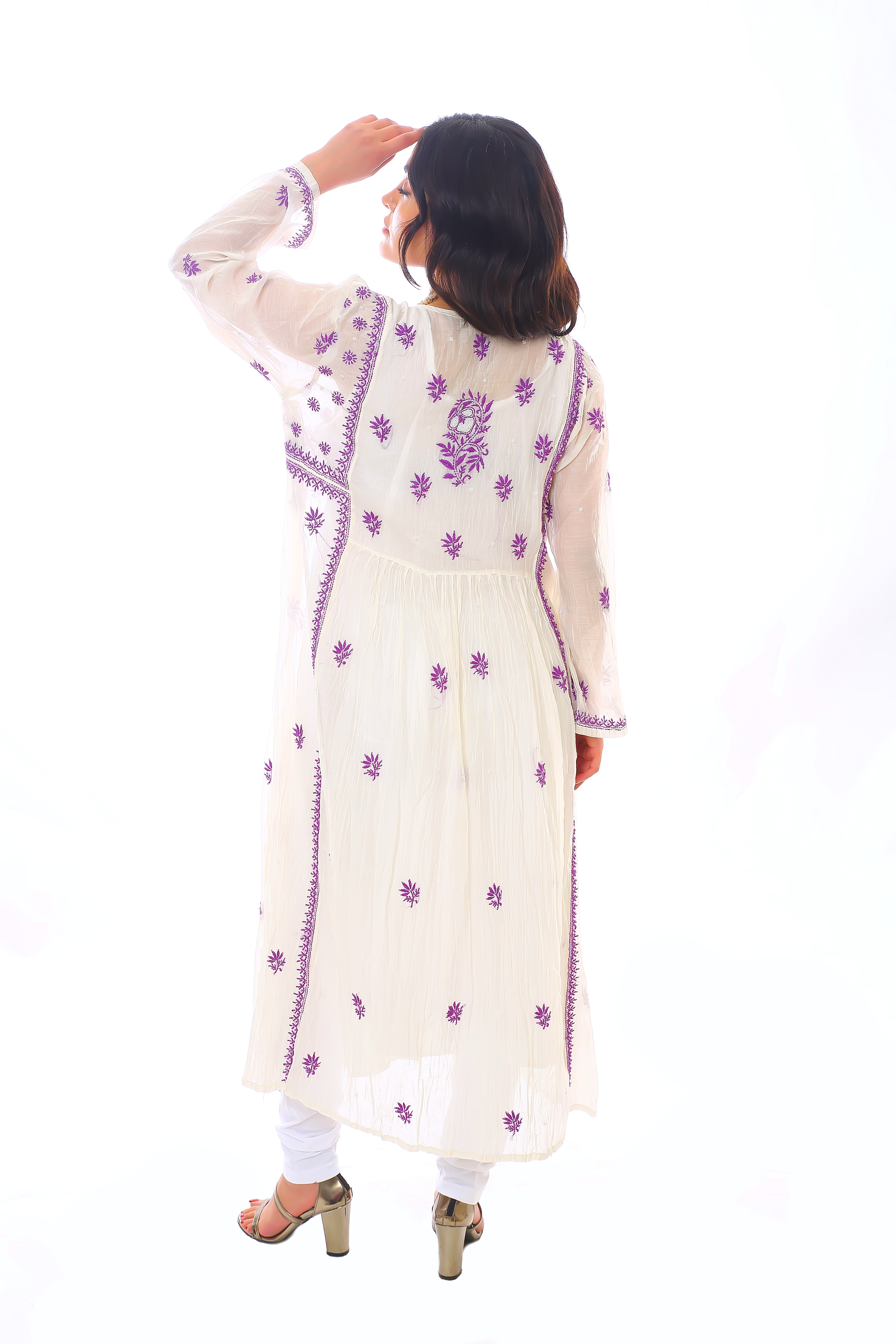 Ivory/Purple Mul Chanderi Mehrunisa Angrakha Set with Moti Cutdana