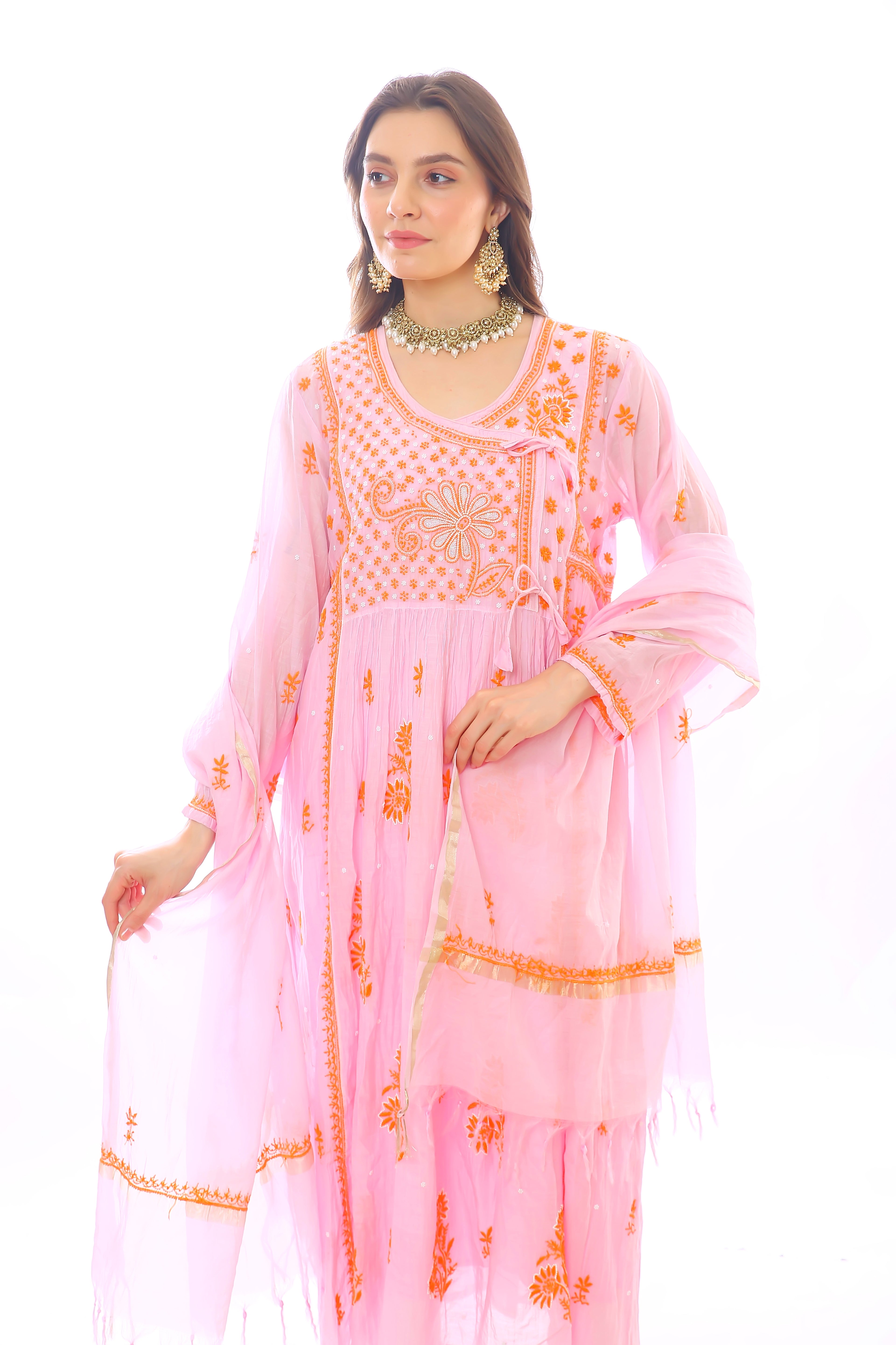 Pink / Orange Mul Chanderi Chahat Kurta Pant Dupatta Set with Moti Cutdana