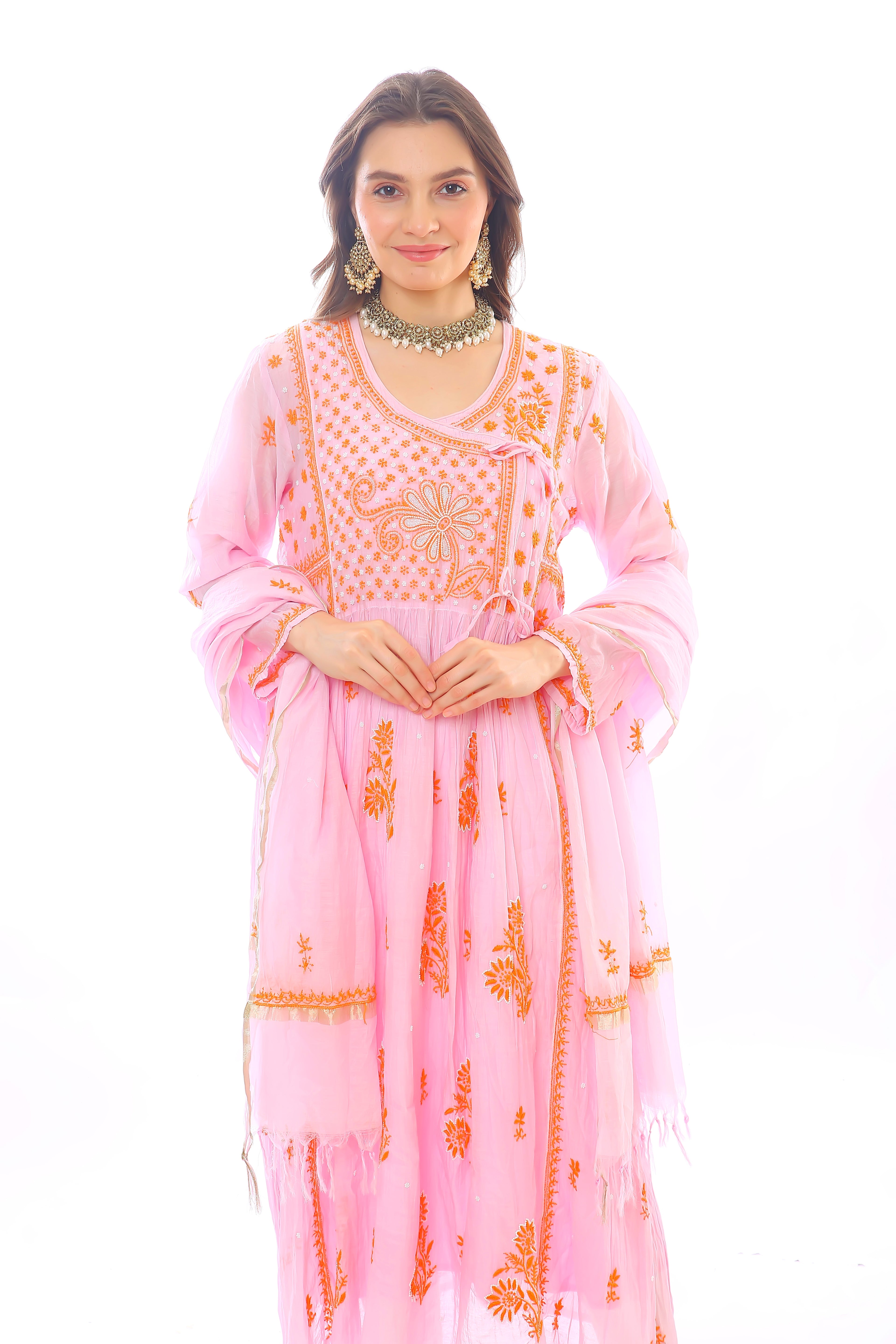 Pink / Orange Mul Chanderi Chahat Kurta Pant Dupatta Set with Moti Cutdana