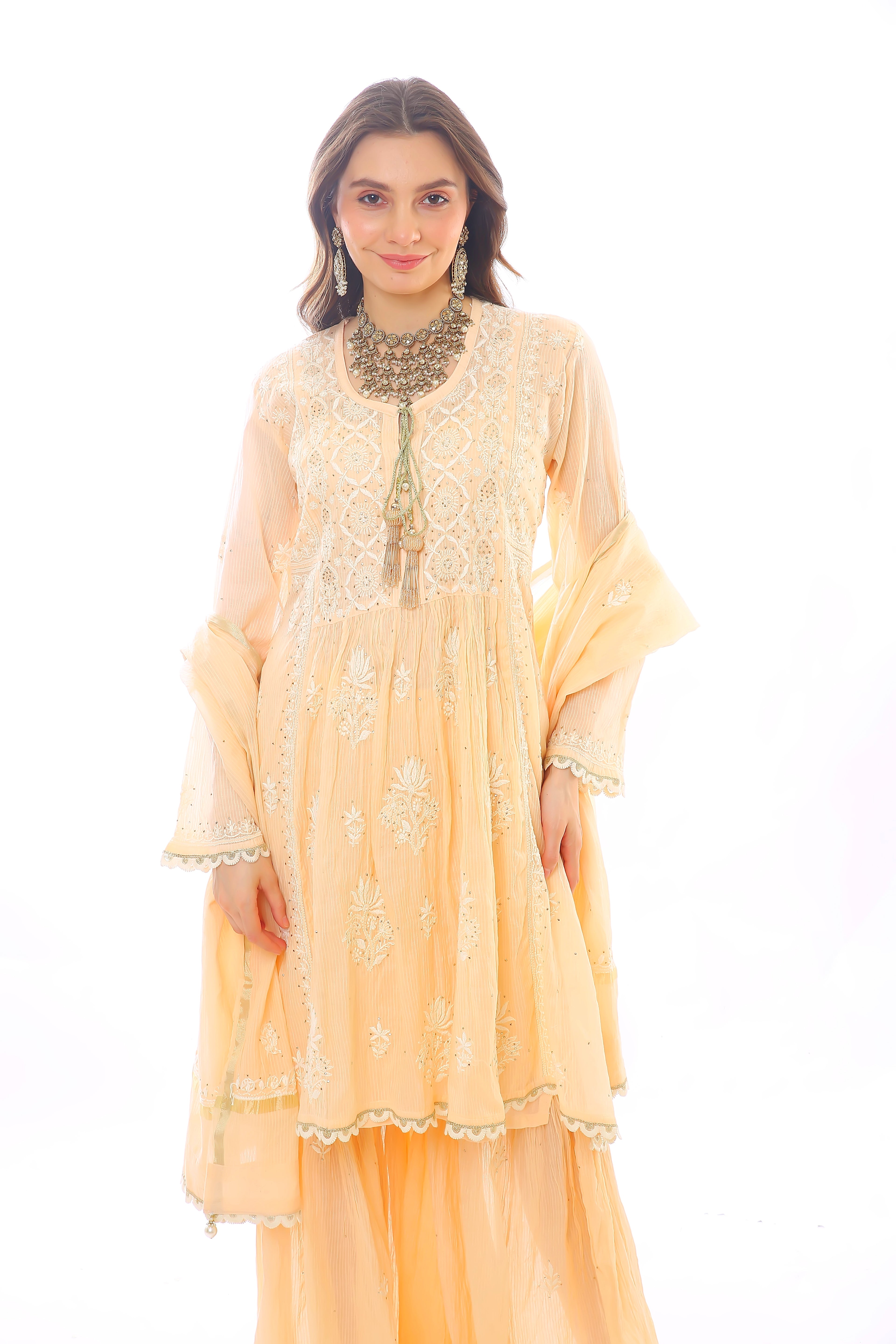 Peach Mul Chanderi Gharara Set with Mukaish