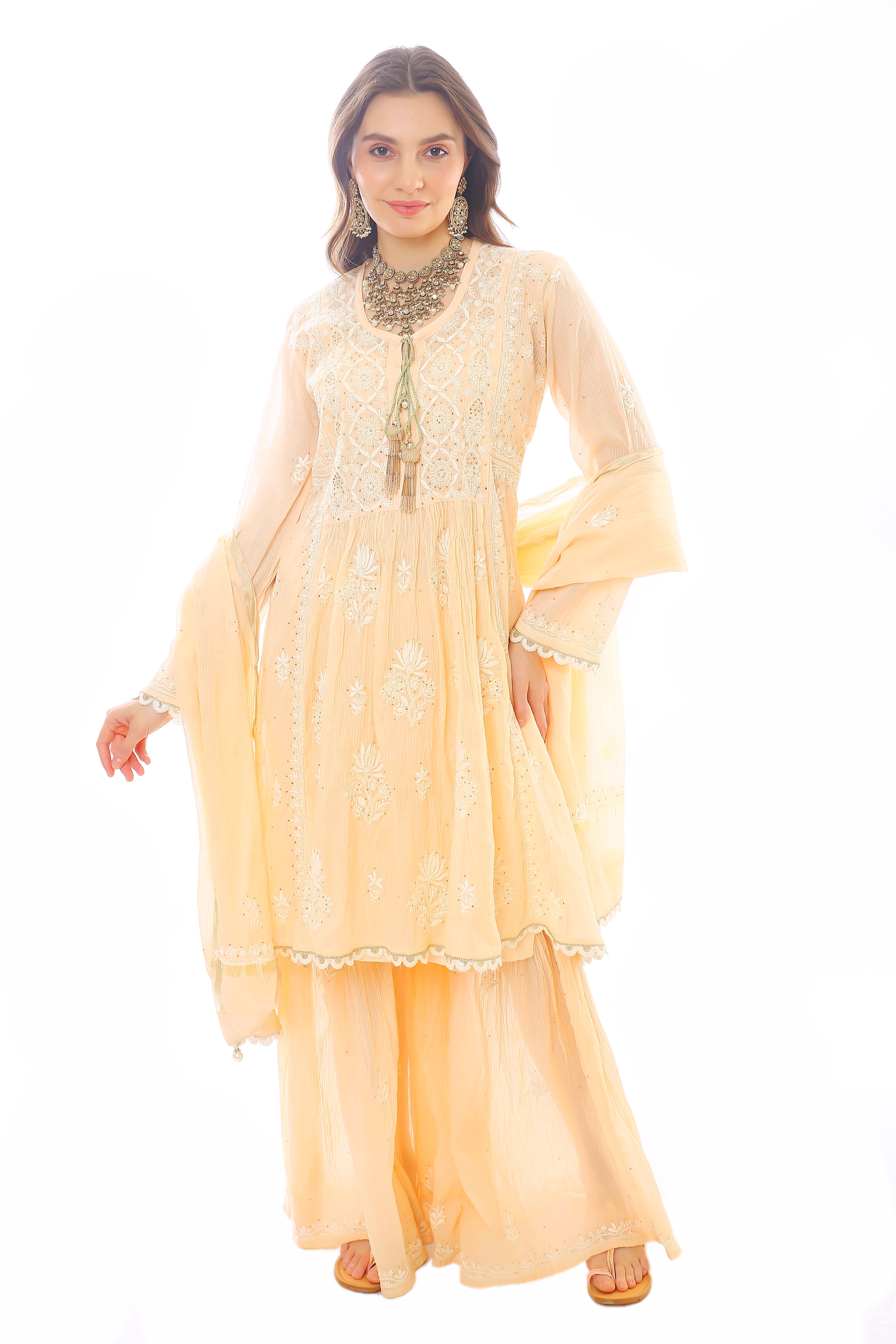 Peach Mul Chanderi Gharara Set with Mukaish